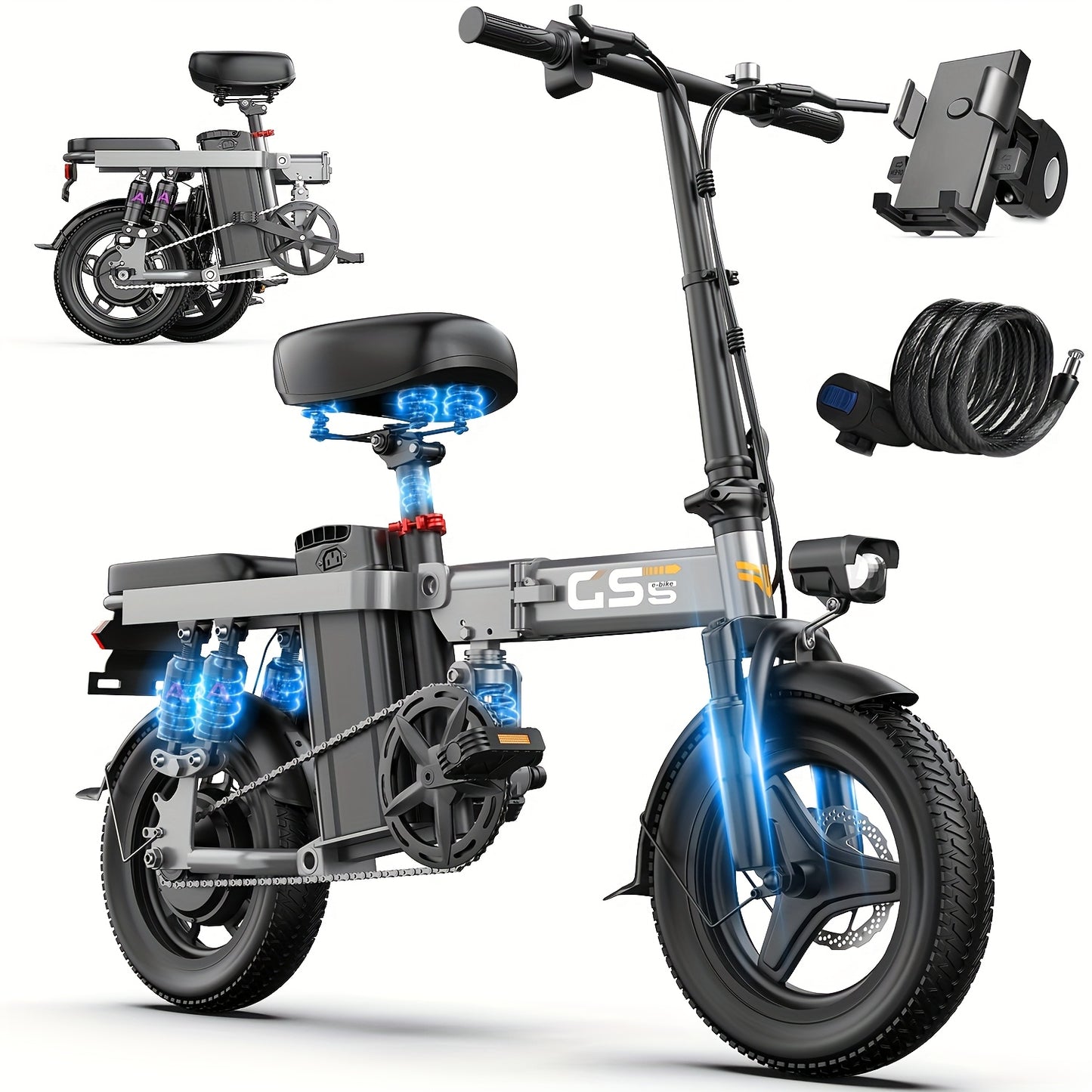 UPlee 740W Electric Bike For Adults 20MPH Full Shock Absorption Comfortable Riding 48V15Ah Max 32Miles Folding Ebike 14 Inch Tubeless Off Road Tire City Commuter Battery Optional