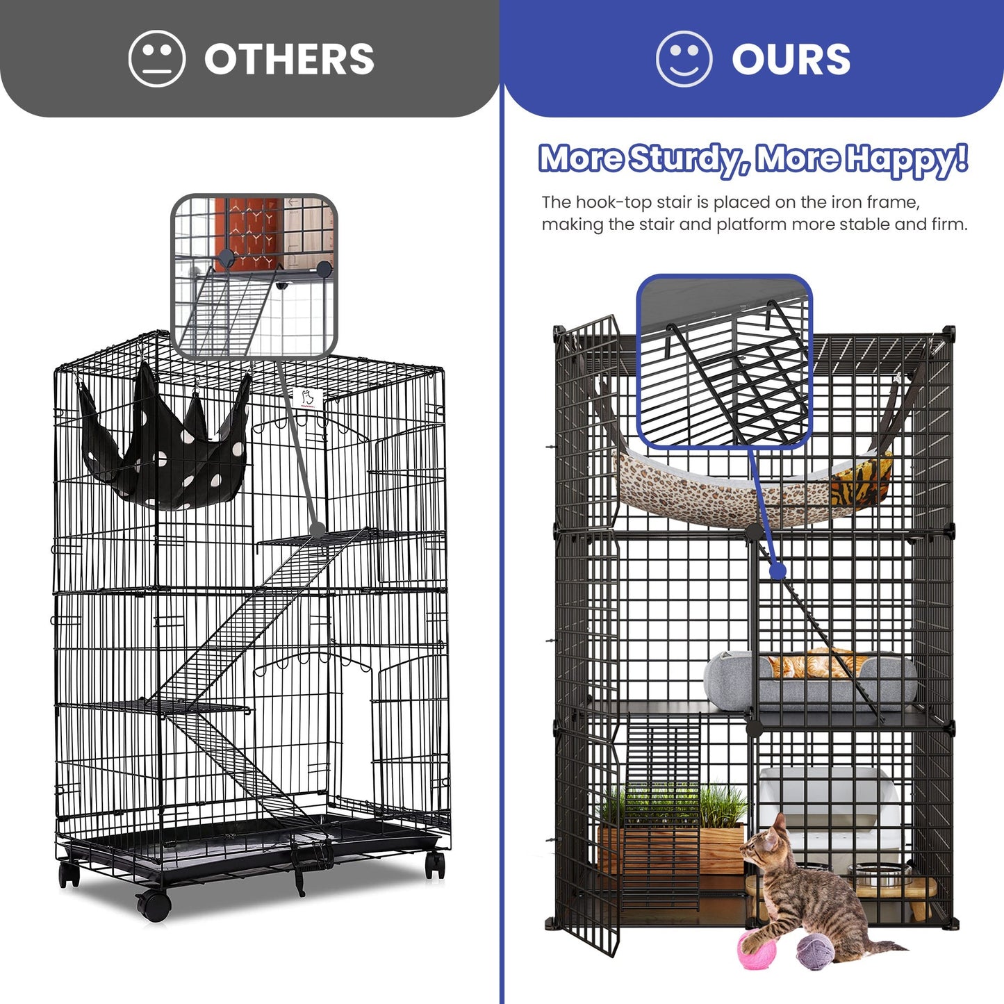 Indoor Outdoor Cat Cage DIY Cat Enclosure with 3 Level Metal Playpen and Oversized Hammock for One or Two Cats and Rabbits