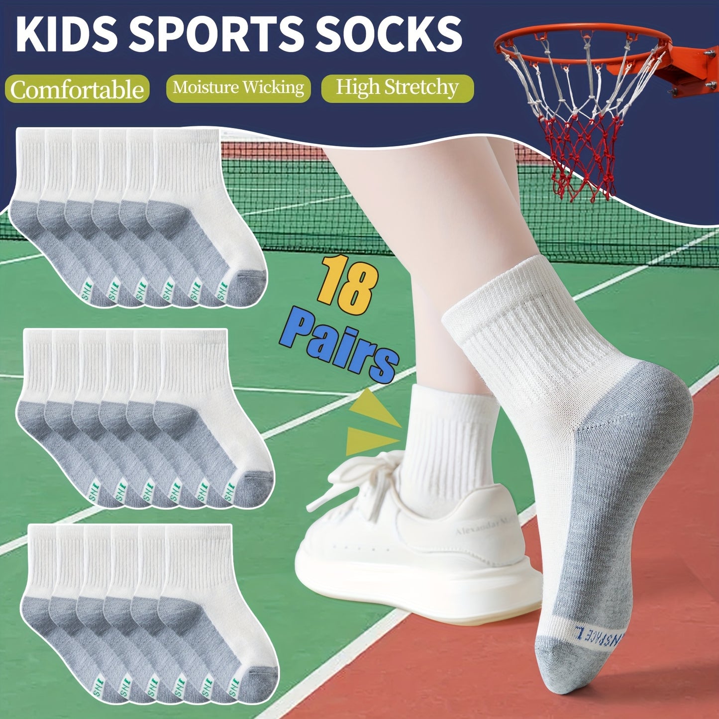 18 Pairs Youngsters' Athletic Crew Socks - Soft Cotton Blend