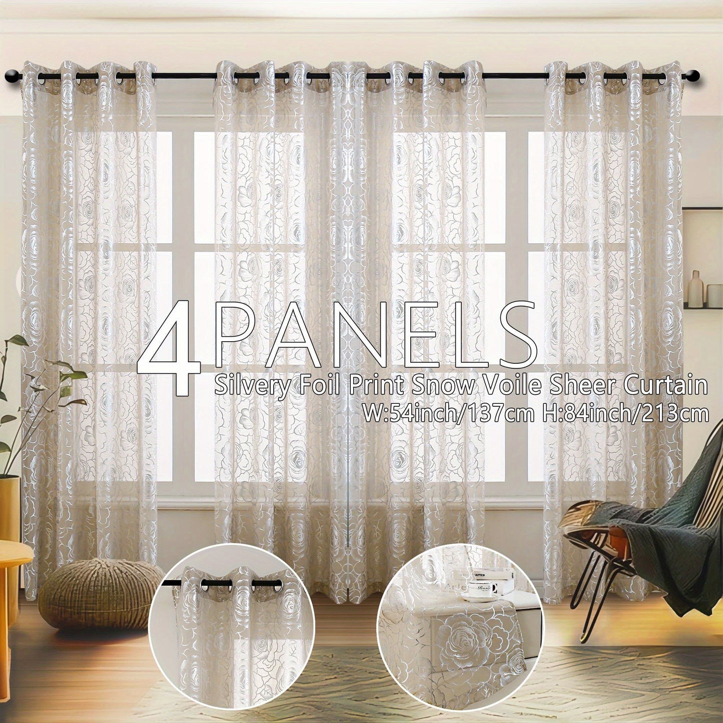 4 Panels Transparent Snow Voile Curtains Silvery Foil Printed Roses Design Living Room Bedroom Set of 4 Room Decor Home Decor
