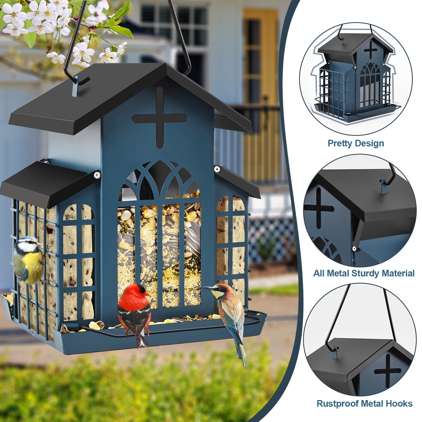Metal Bird Feeder with Three Mesh Side Cages Large Capacity Outdoor Hanging Feeder for Cardinals Finches Chickadees Durable Weather Resistant Design