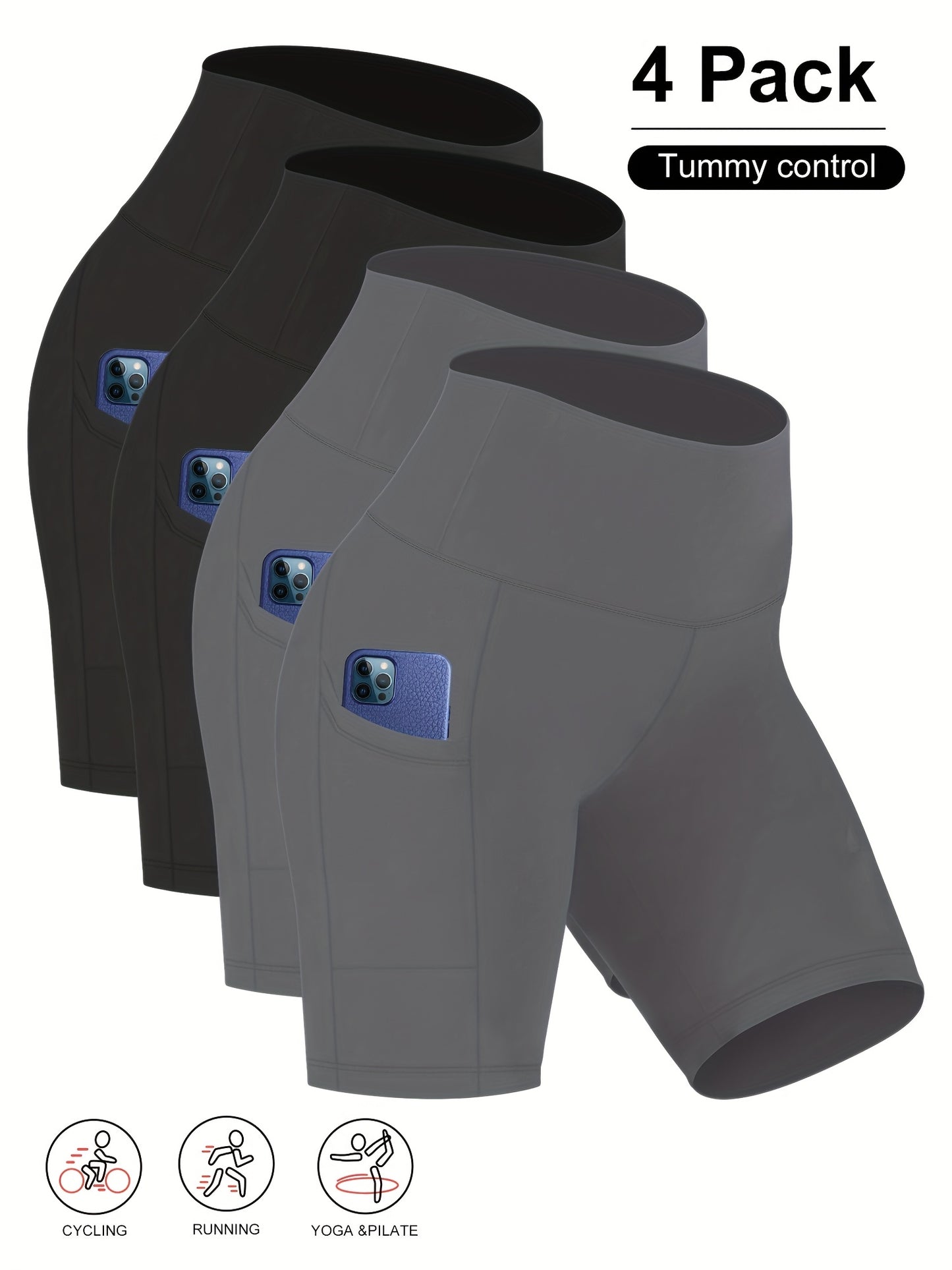 4pcs Women's Plus Size High-Waisted Yoga Shorts - Stretchy, Butt-Lifting, Quick-Dry with Pockets for Running and Cycling