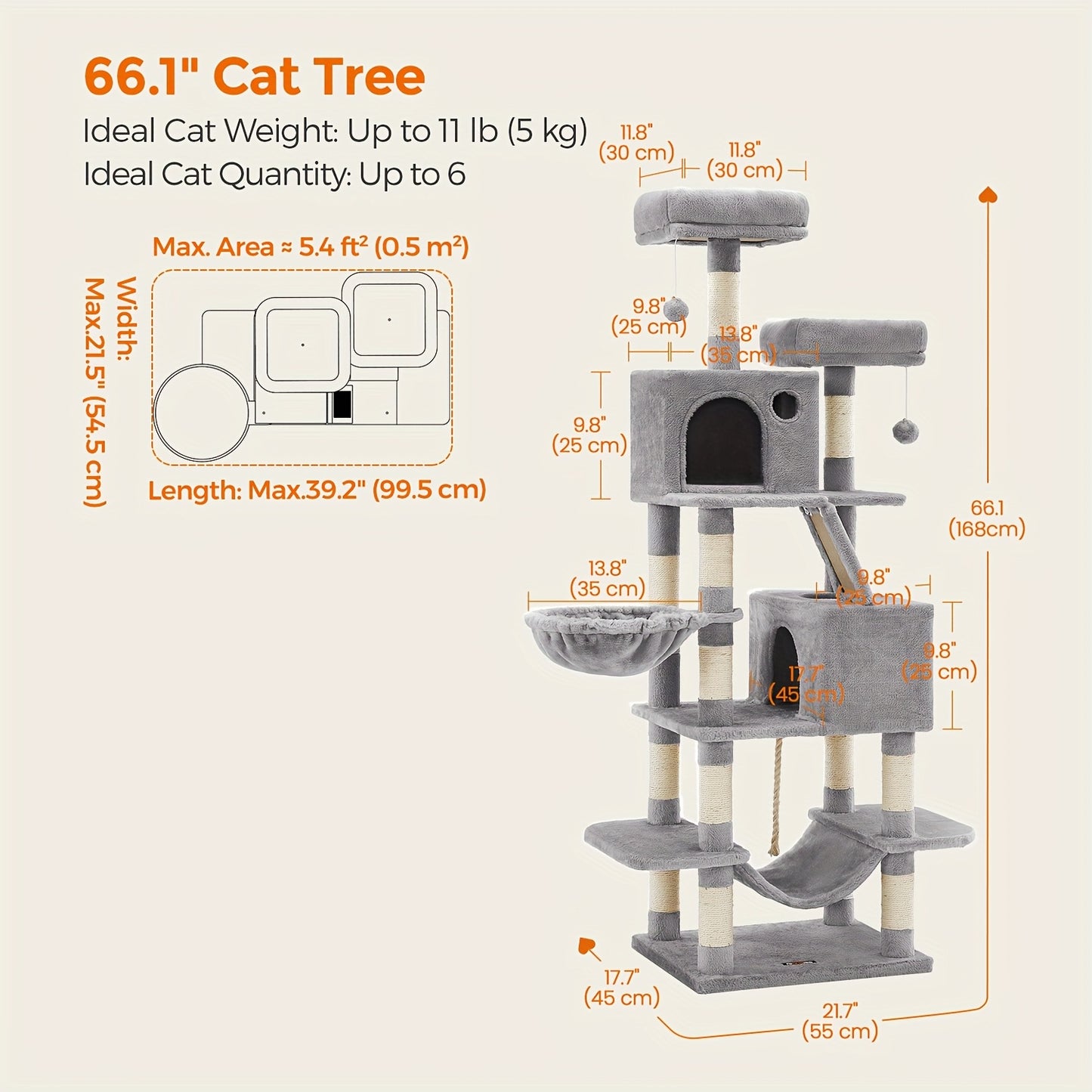 Feandrea Cat Tree 44/66.1in Large Plush Condo for Cats