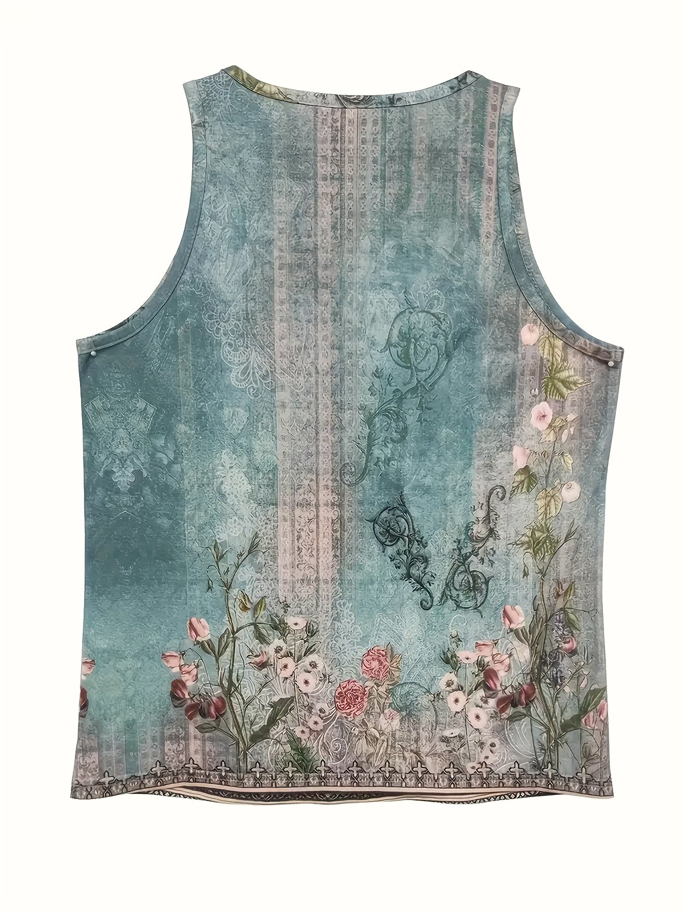 Women's Floral Print V-Neck Tank Top Sleeveless Blue Lace Blouse