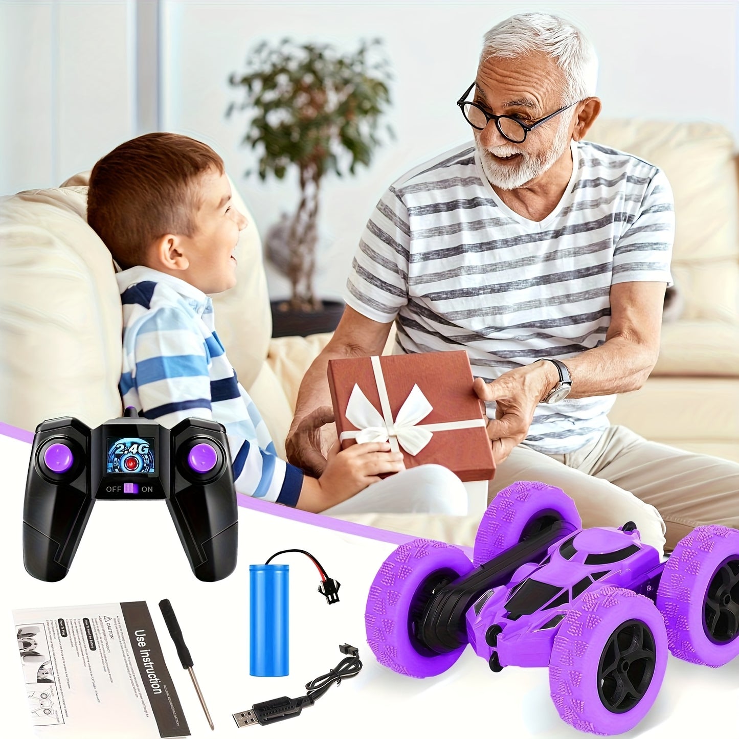 360° Rotating RC Stunt Car with Headlights for Kids