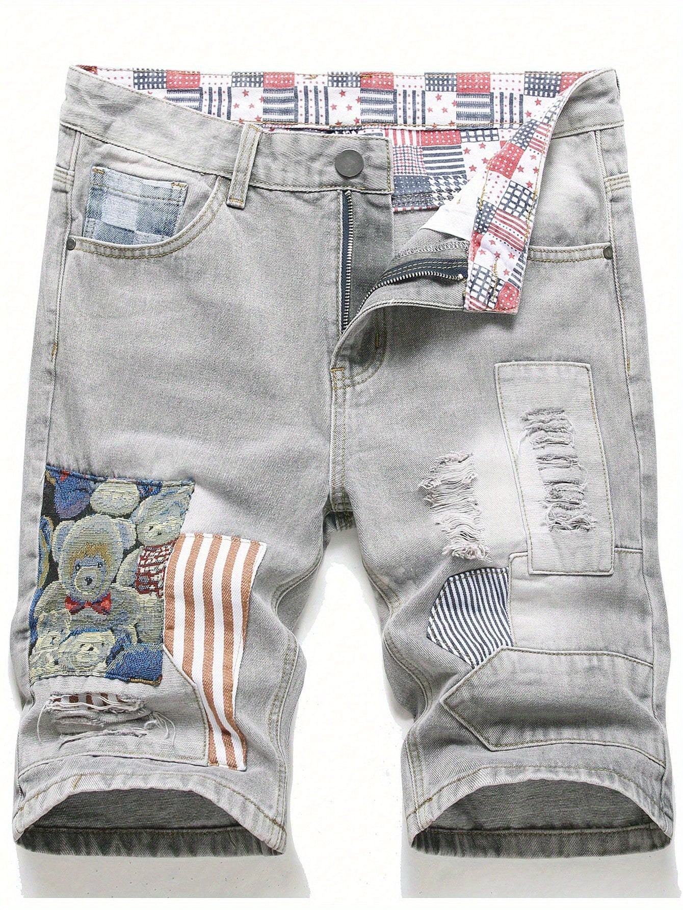 Men's Summer Casual Ripped Denim Shorts with Bear Motif and Patchwork Design Loose Fit Mid-Length Lightweight Denim Shorts with Multiple Pockets