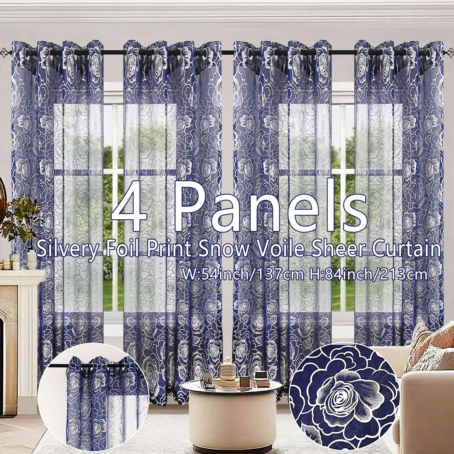 4 Panels Transparent Snow Voile Curtains Silvery Foil Printed Roses Design Living Room Bedroom Set of 4 Room Decor Home Decor