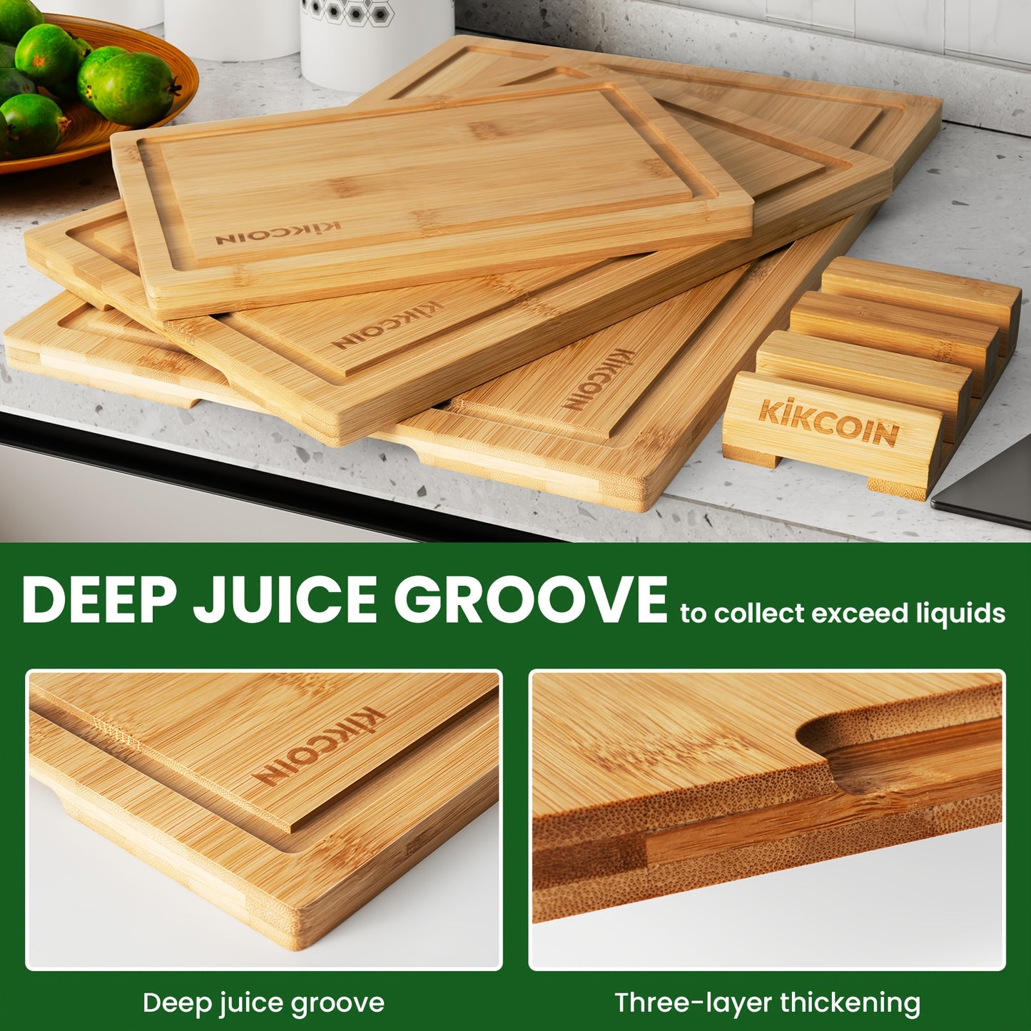 4pcs Oversized Bamboo Cutting Board With Rack & Juice Groove