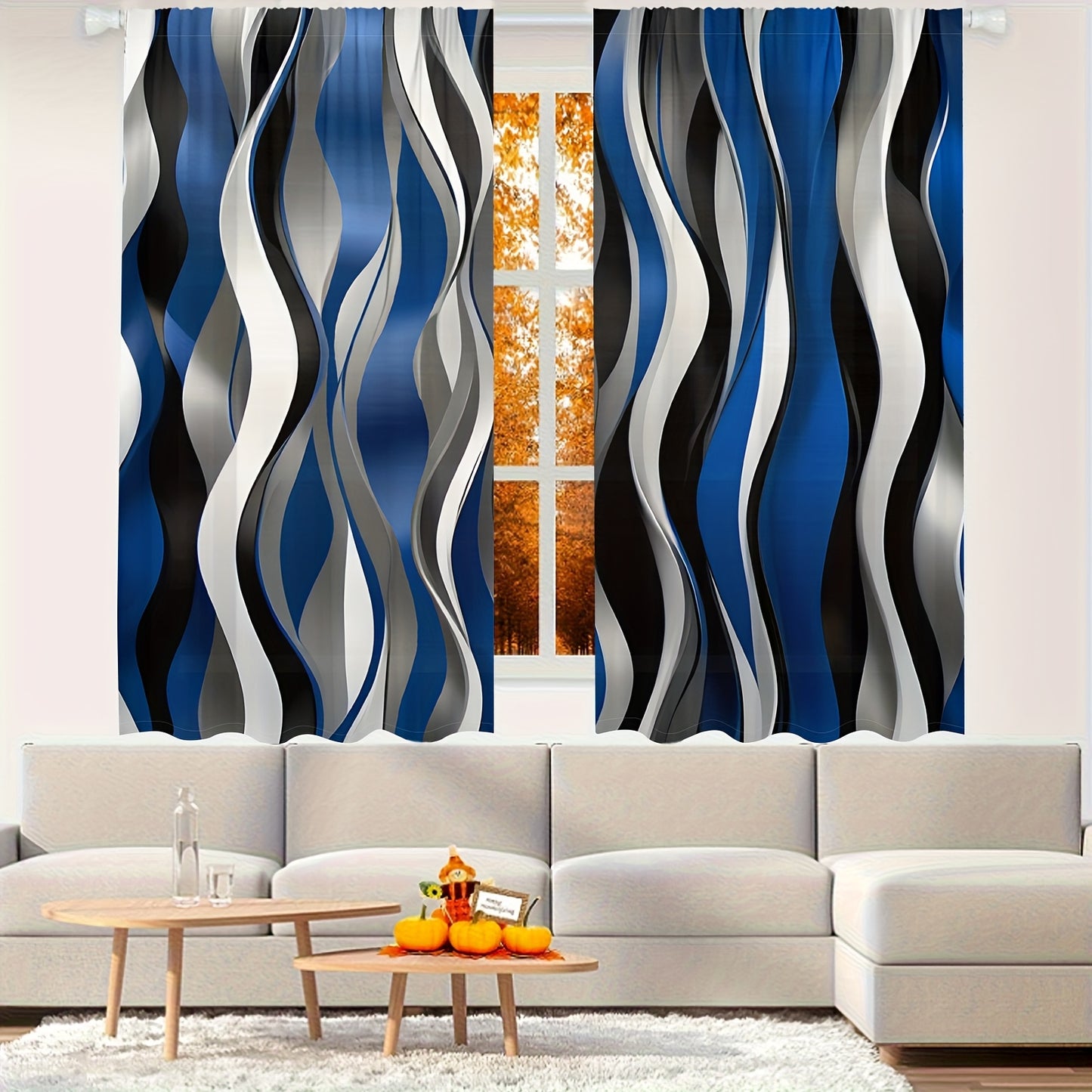 Fashionable Dynamic Smooth Wavy Lines Geometric Pattern Semi Blackout Window Curtains 2 Panels For Bedroom Living Room Kitchen Office Study Indoor Outdoor Home Decor Drapes