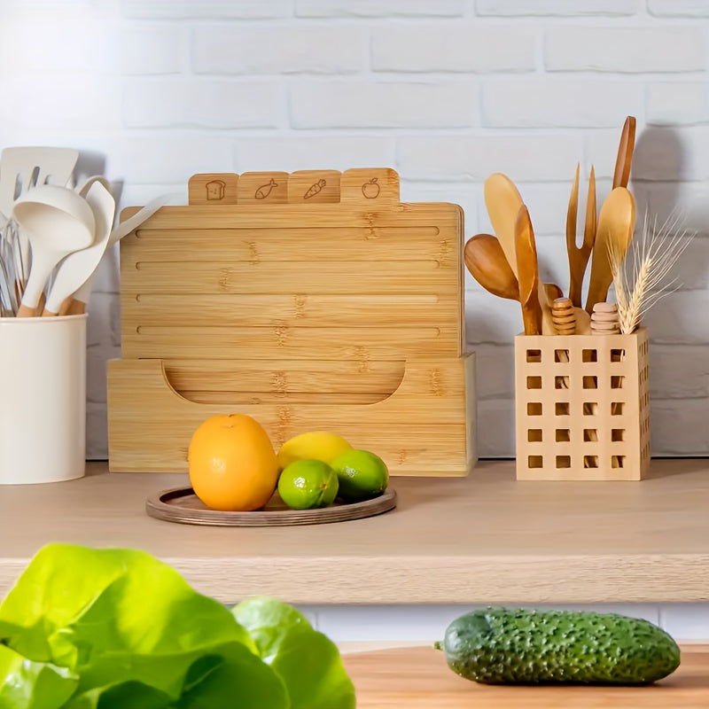 Wooden Cutting Boards For Kitchen Bamboo Cutting Board Set Of 4 With Holder Butcher Block Chopping Meat Cutting Board Built In Compartments Juice Groove With Food Icons Bread Vegetables Fruit