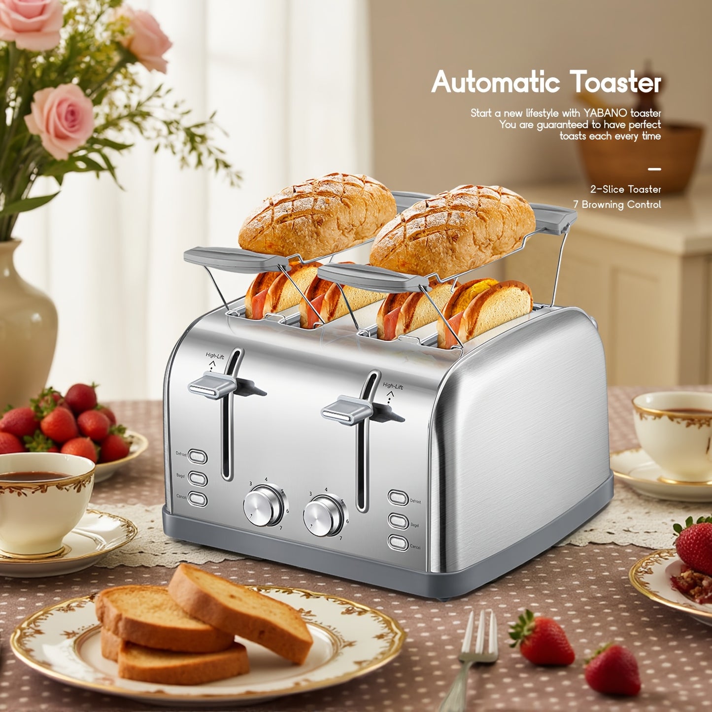 4-Slice Toaster with 7 Shade Settings by Reemix, Stainless Steel