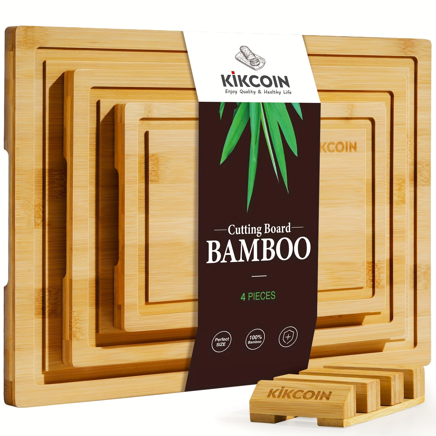 4pcs Oversized Bamboo Cutting Board With Rack & Juice Groove