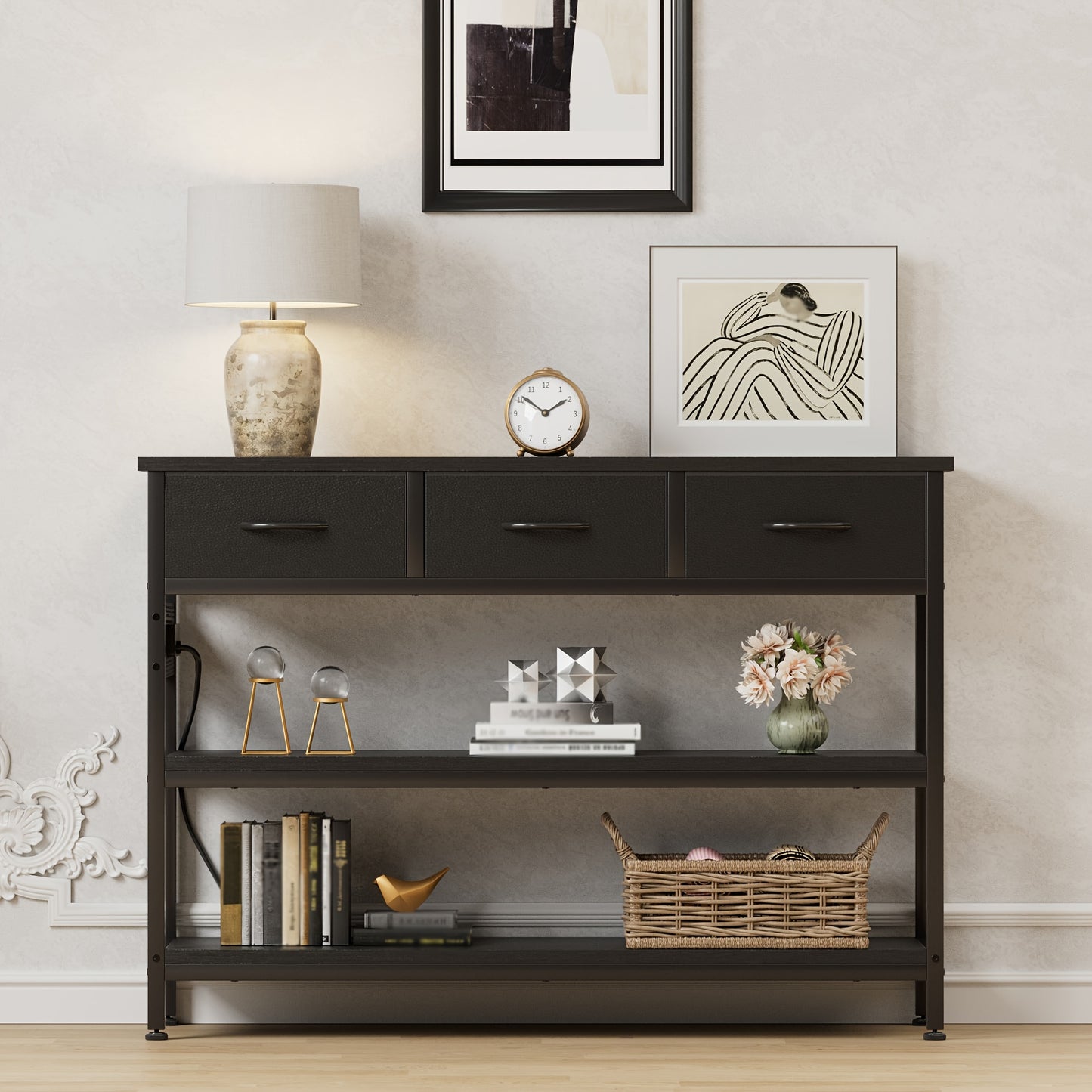 AOWOS 3-Tier Console Table with Charging Station Rustic Modern Narrow Sofa Table with Adjustable Feet and Breathable Fabric Drawers Hardwood Entryway Organizer for Hallway and Living