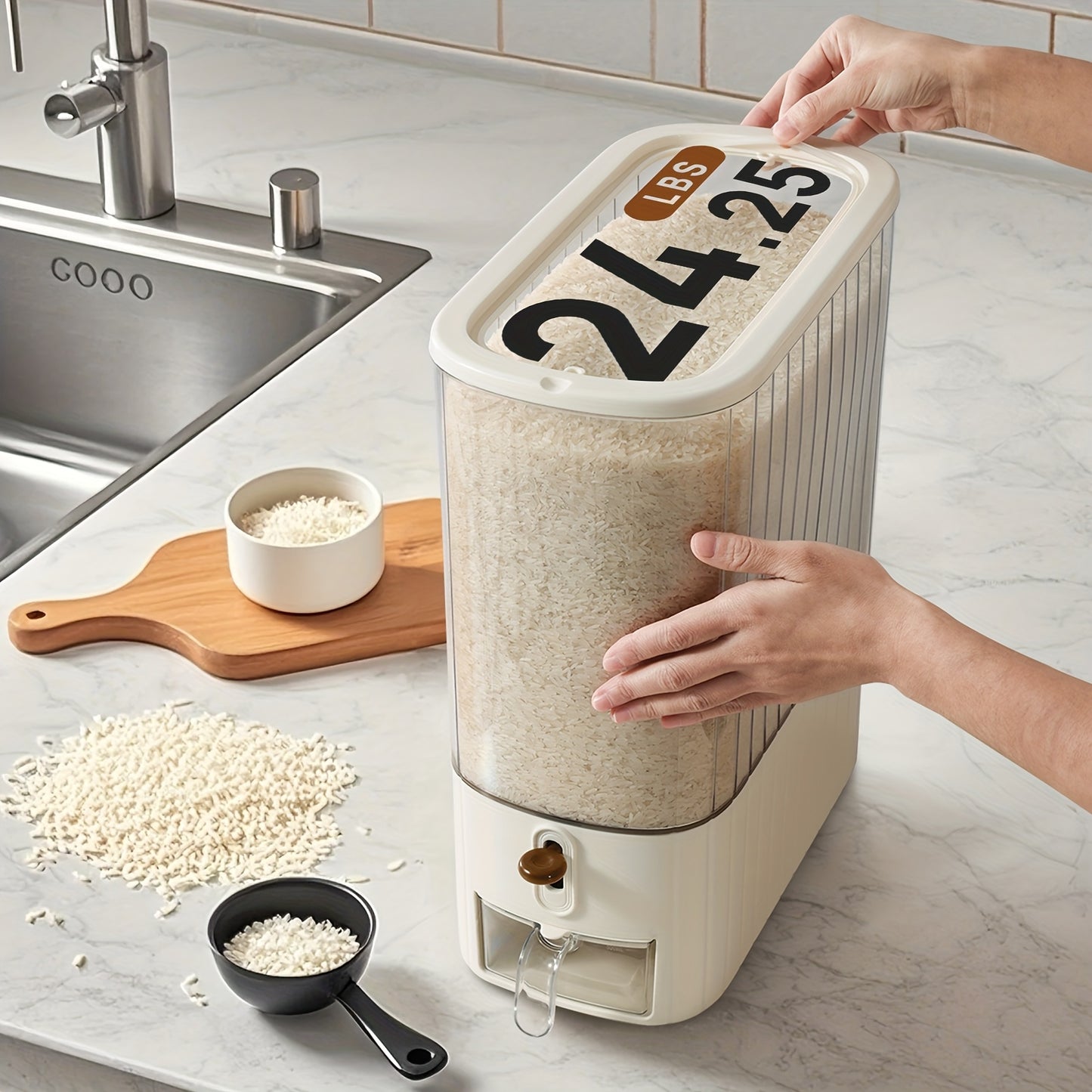Large Capacity Moisture Resistant Rice Dispenser with Time Recorder and Measuring Cup