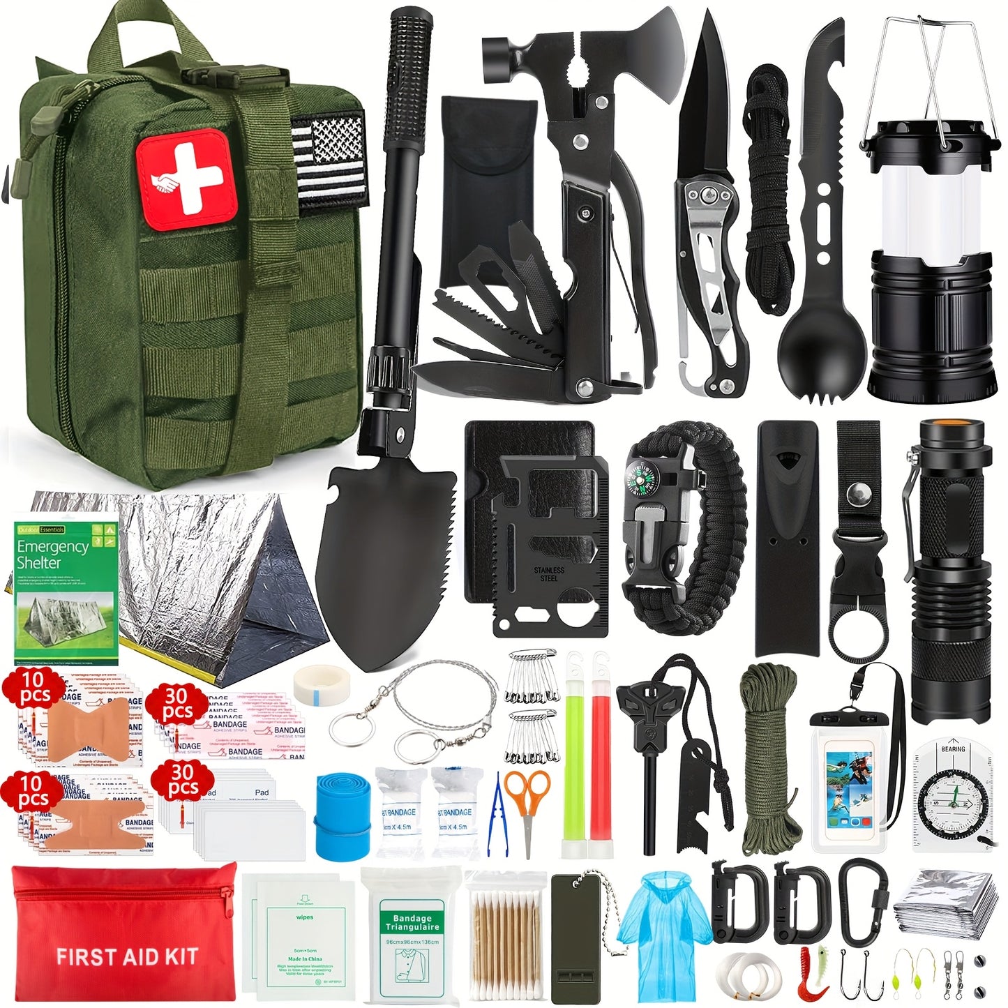 Ultimate Outdoor Survival Kit 262pcs with Tent Axe Shovel Flashlight