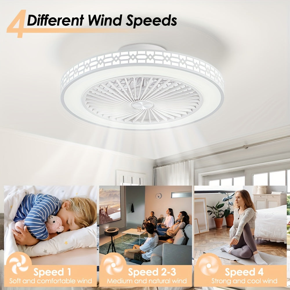 20 Inch Modern Flush Mount Bladeless Ceiling Fan with LED Light Reversible Dimmable 3 Color Temperatures and 4 Speed Settings Quiet Operation for Bedroom and Living Room