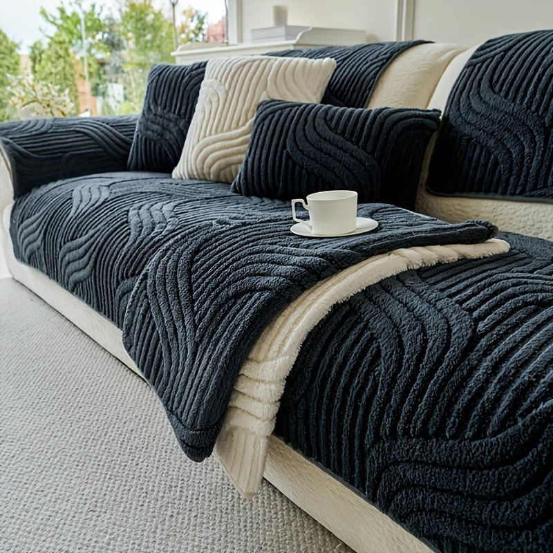 Elegant Plush Sofa Cover Black and Cream Non Slip Pet Friendly Breathable 100 Percent Polyester Machine Washable