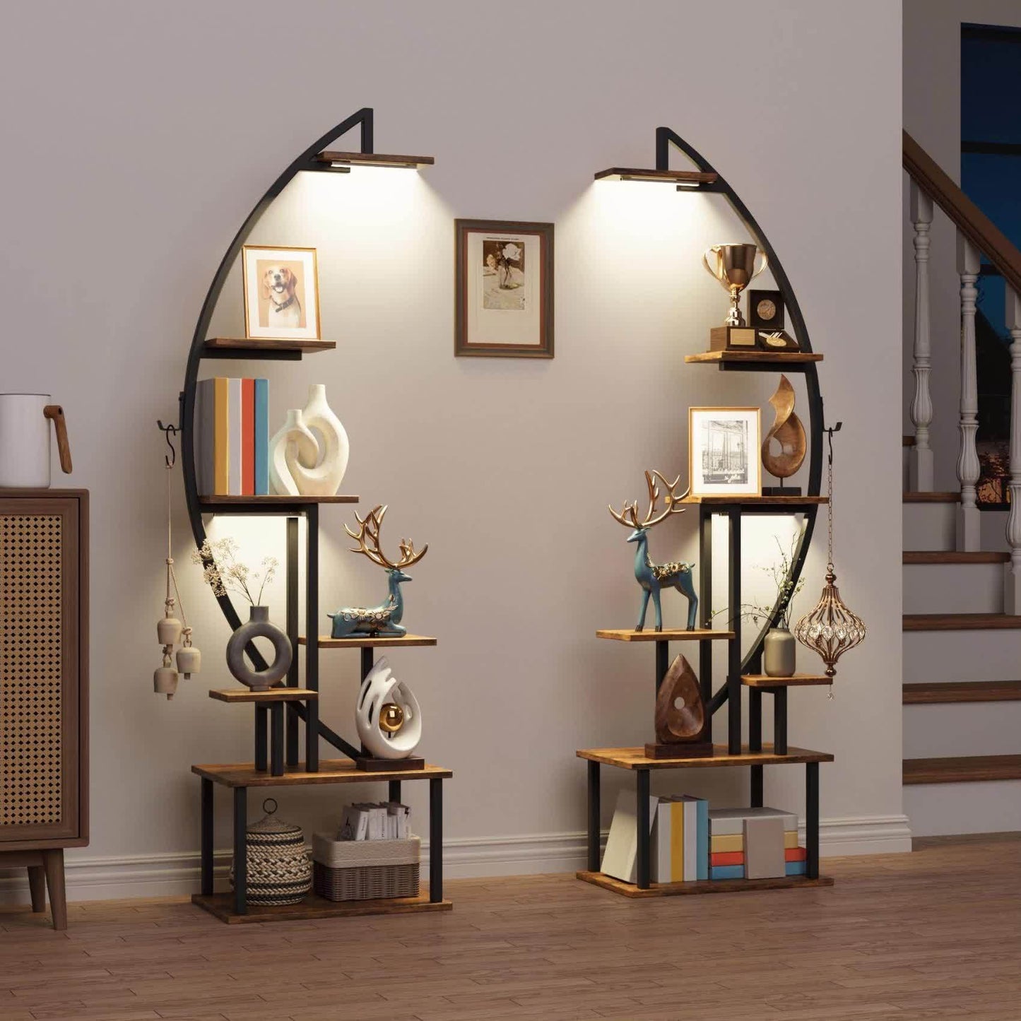 65 Inch Multi Functional Metal Black and Brown 7 Tiered Two Piece Bookshelf with Lights Wooden Bookcase for Books Handicraft Decorations Frames Multiple Corner Display Stand for Living Room Study Room Bedroom Hallway Good Gift Choice