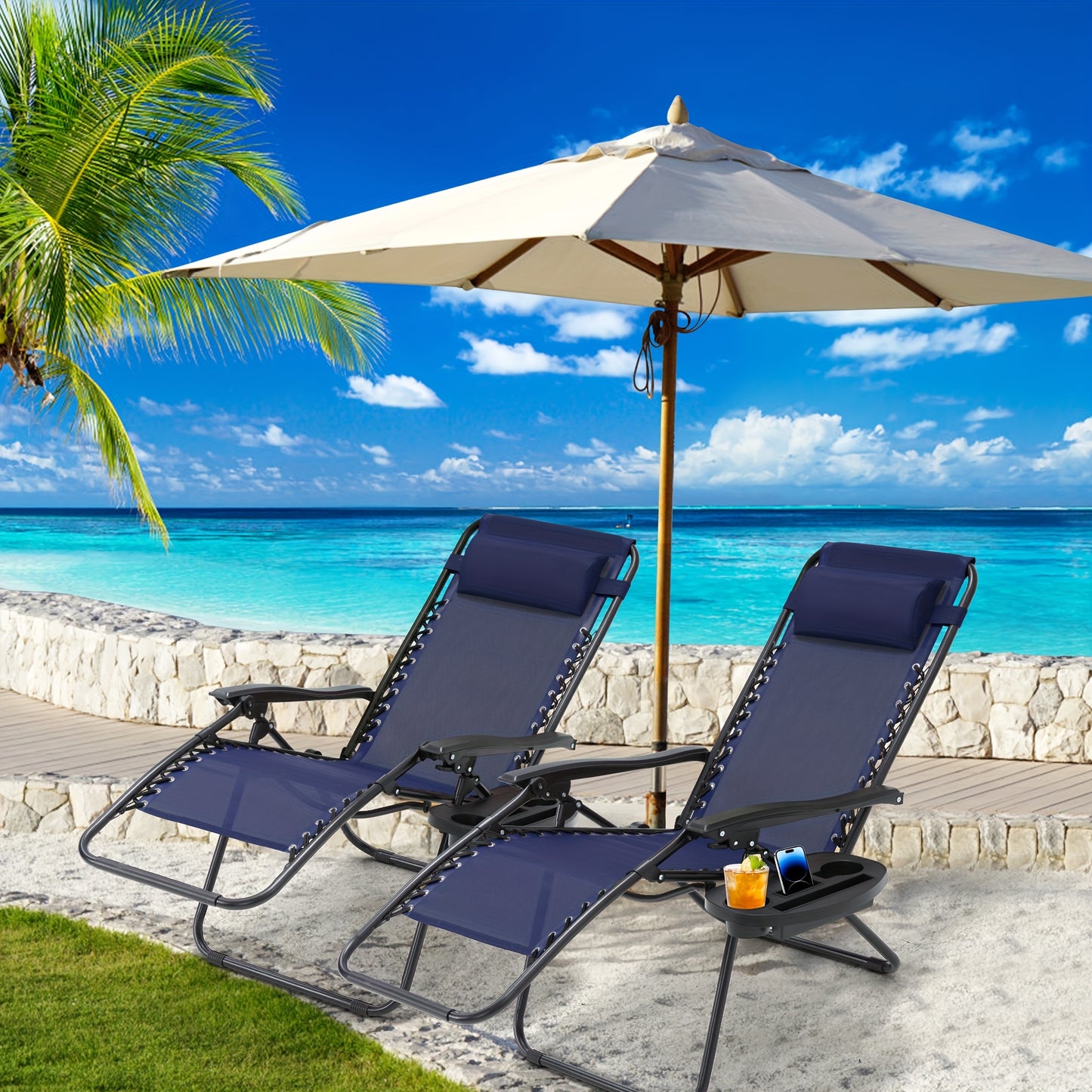 Patio Zero Gravity Folding Recliner Chairs Set of 2 Blue