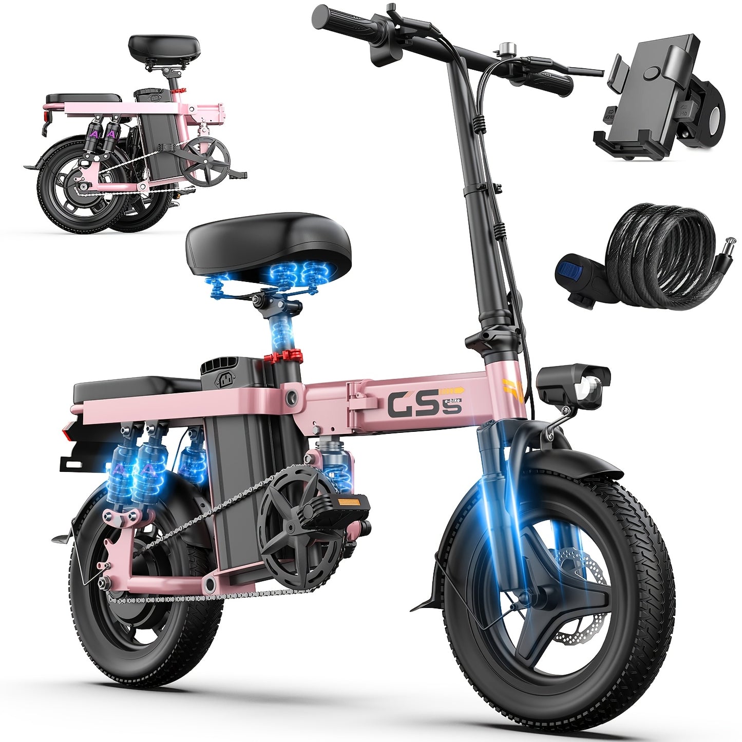 UPlee 740W Electric Bike For Adults 20MPH Full Shock Absorption Comfortable Riding 48V15Ah Max 32Miles Folding Ebike 14 Inch Tubeless Off Road Tire City Commuter Battery Optional