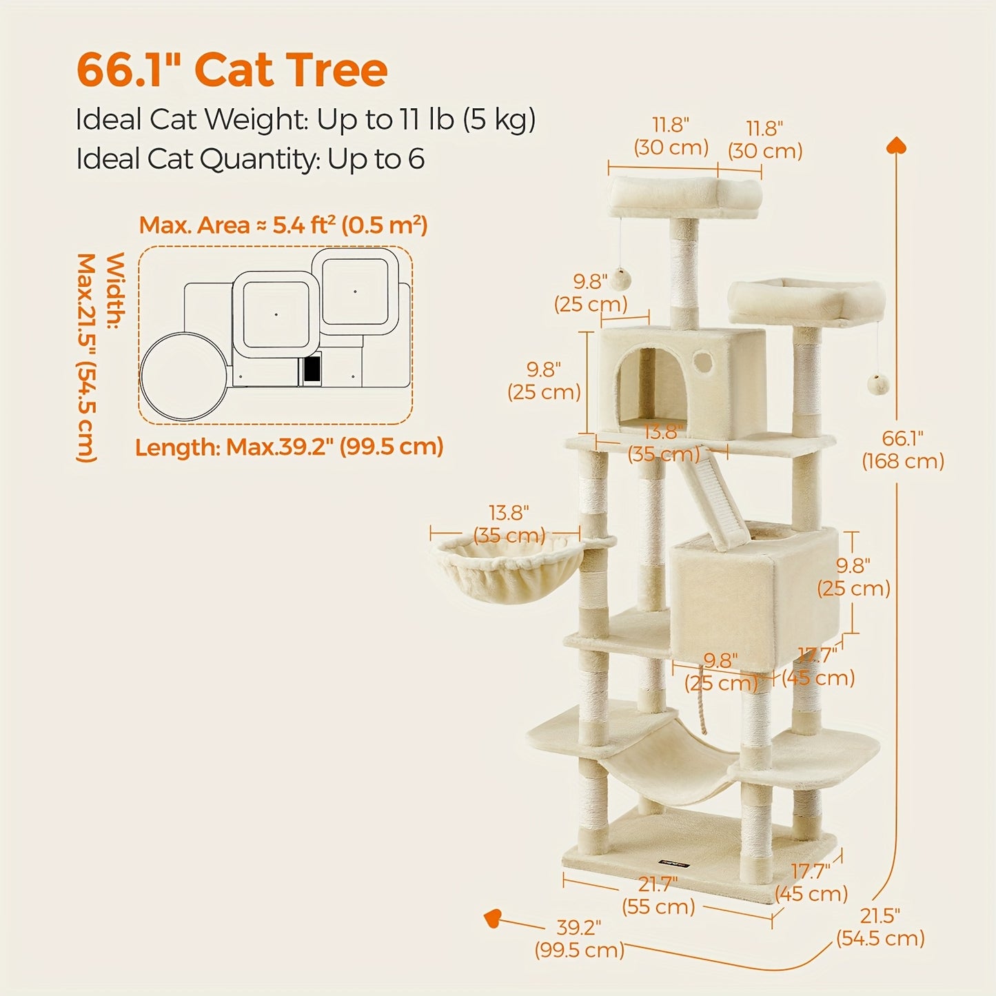Feandrea Cat Tree 44/66.1in Large Plush Condo for Cats