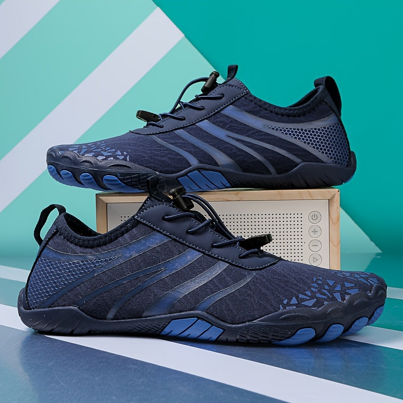 Quick Dry Men's Water Shoes with Adjustable Laces Breathable Mesh Non Slip Rubber Sole Versatile for Yoga Fitness Hiking Fishing Surfing and Cycling Blue and Black Striped