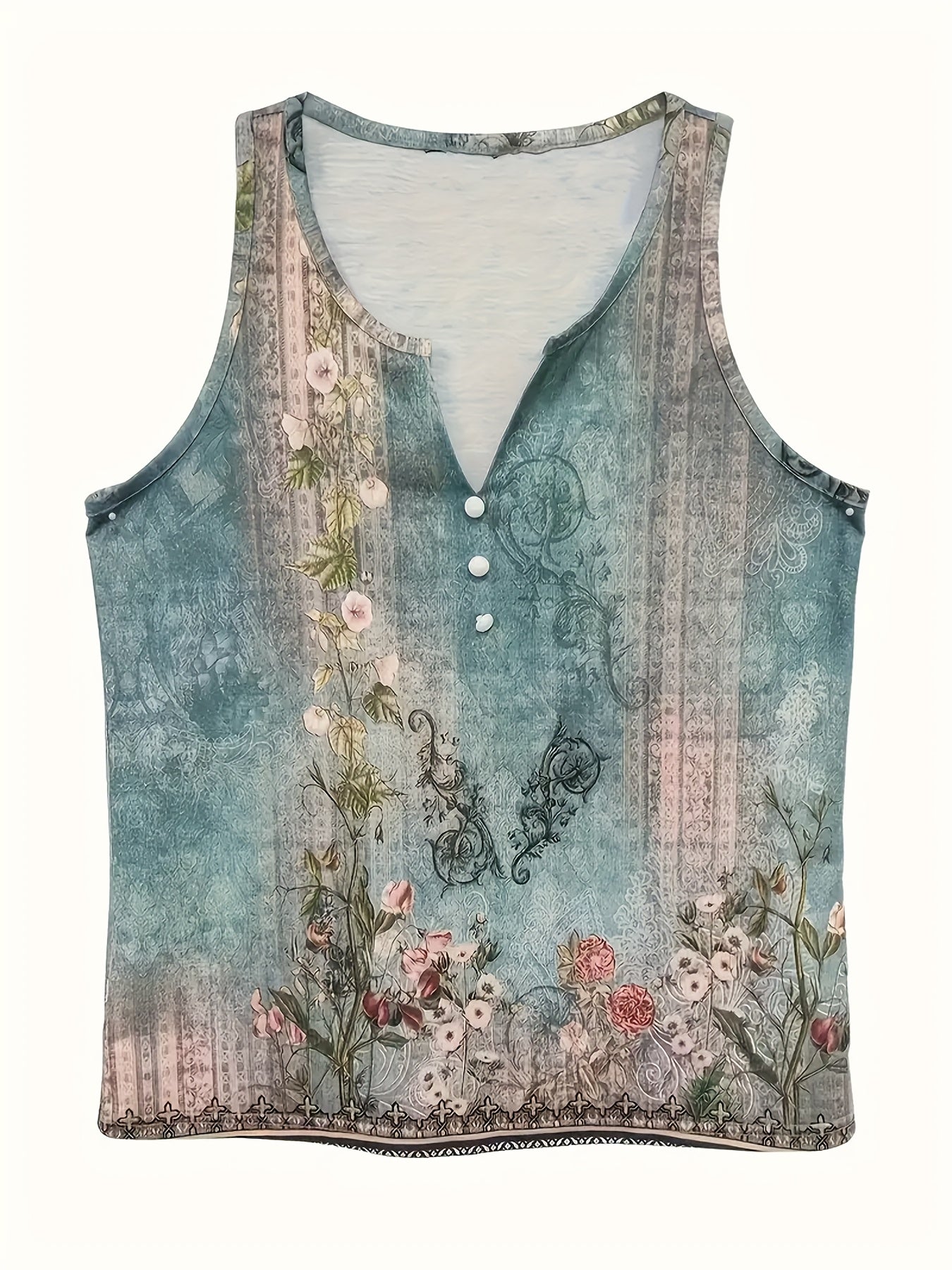 Women's Floral Print V-Neck Tank Top Sleeveless Blue Lace Blouse