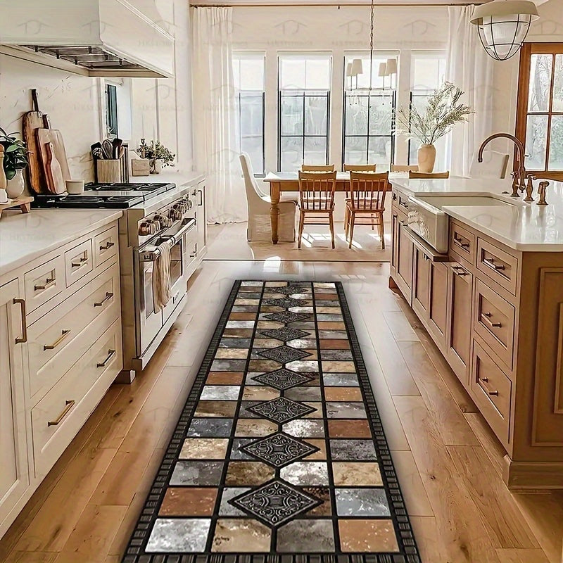 1pc Luxury Crystal Velvet Non-Slip Kitchen Pad White Beige and Brown Elegant Marble Pattern Machine Washable Polyester Mat Suitable for Kitchen Bathroom Bedroom and Corridor Decoration Kitchen Carpet