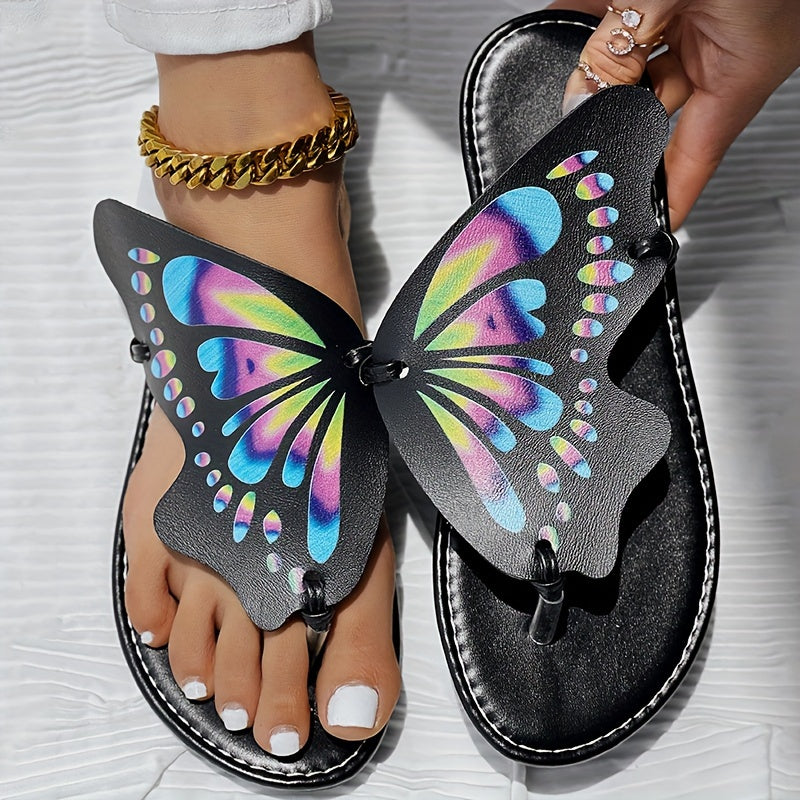 Women's Butterfly Flip Flops, Faux Leather Thong Slippers