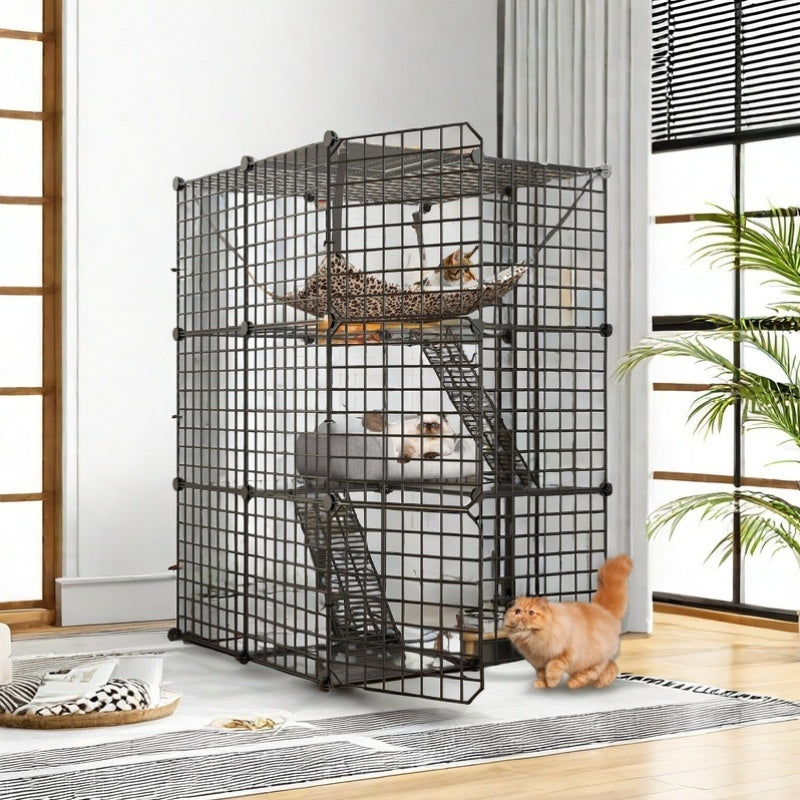 Indoor Outdoor Cat Cage DIY Cat Enclosure with 3 Level Metal Playpen and Oversized Hammock for One or Two Cats and Rabbits