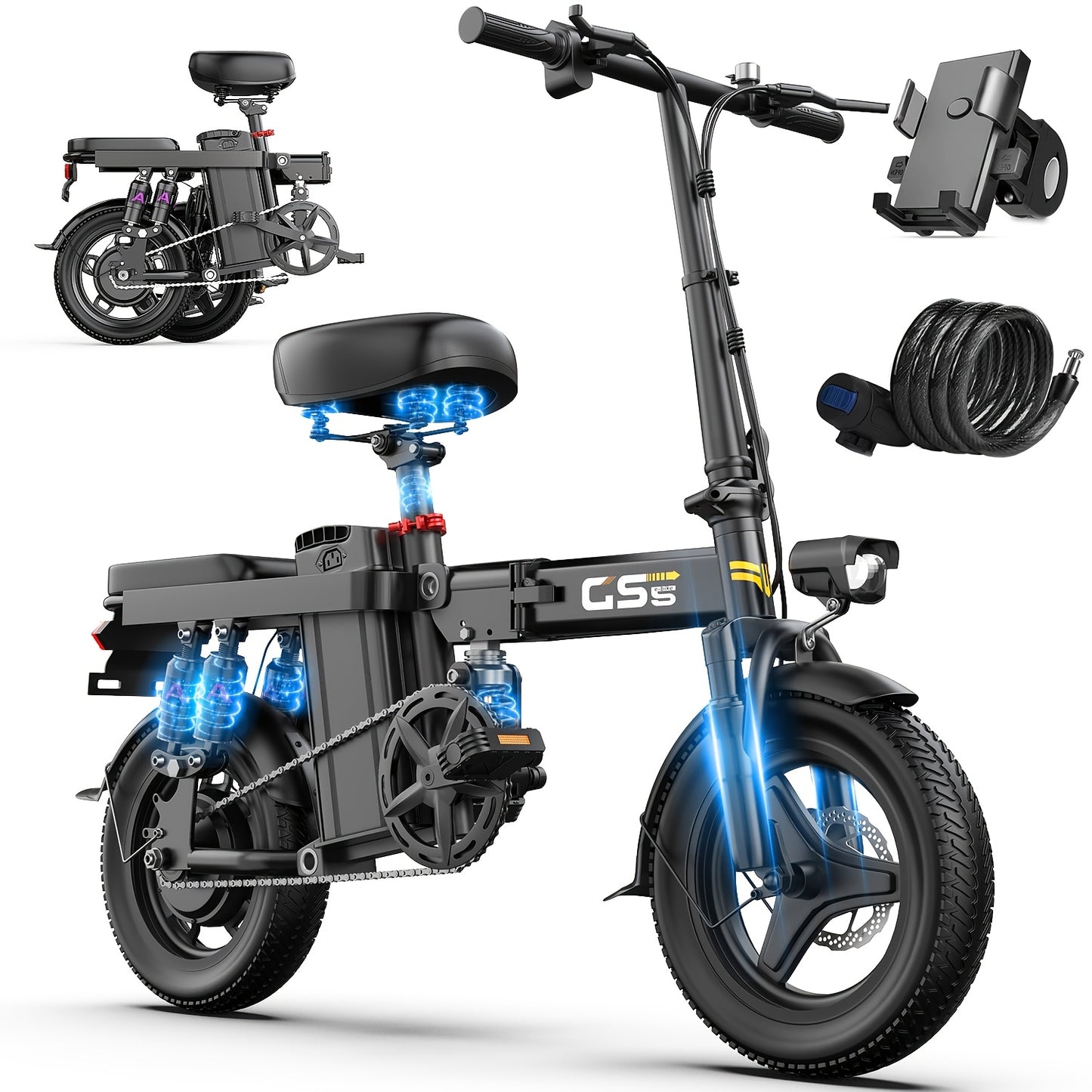UPlee 740W Electric Bike For Adults 20MPH Full Shock Absorption Comfortable Riding 48V15Ah Max 32Miles Folding Ebike 14 Inch Tubeless Off Road Tire City Commuter Battery Optional