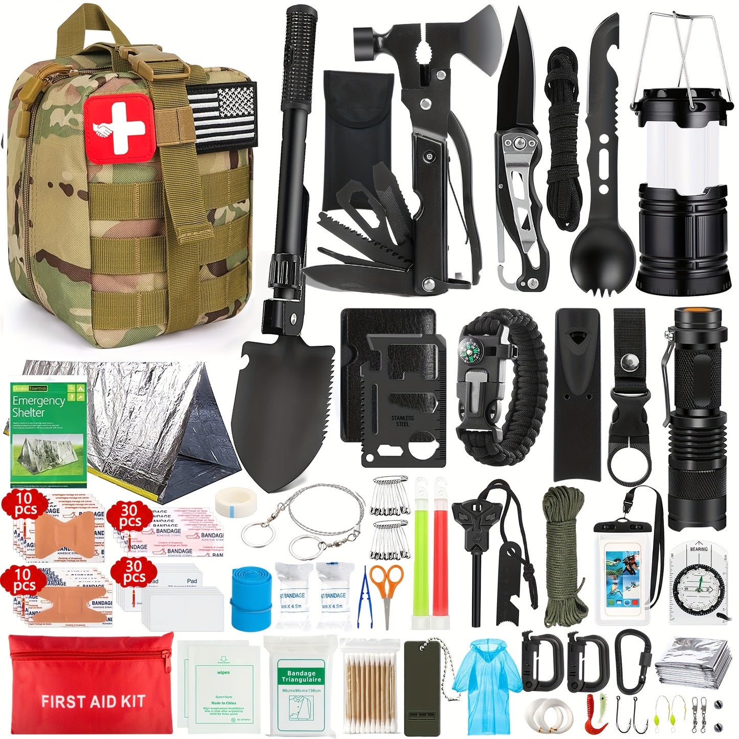 Ultimate Outdoor Survival Kit 262pcs with Tent Axe Shovel Flashlight