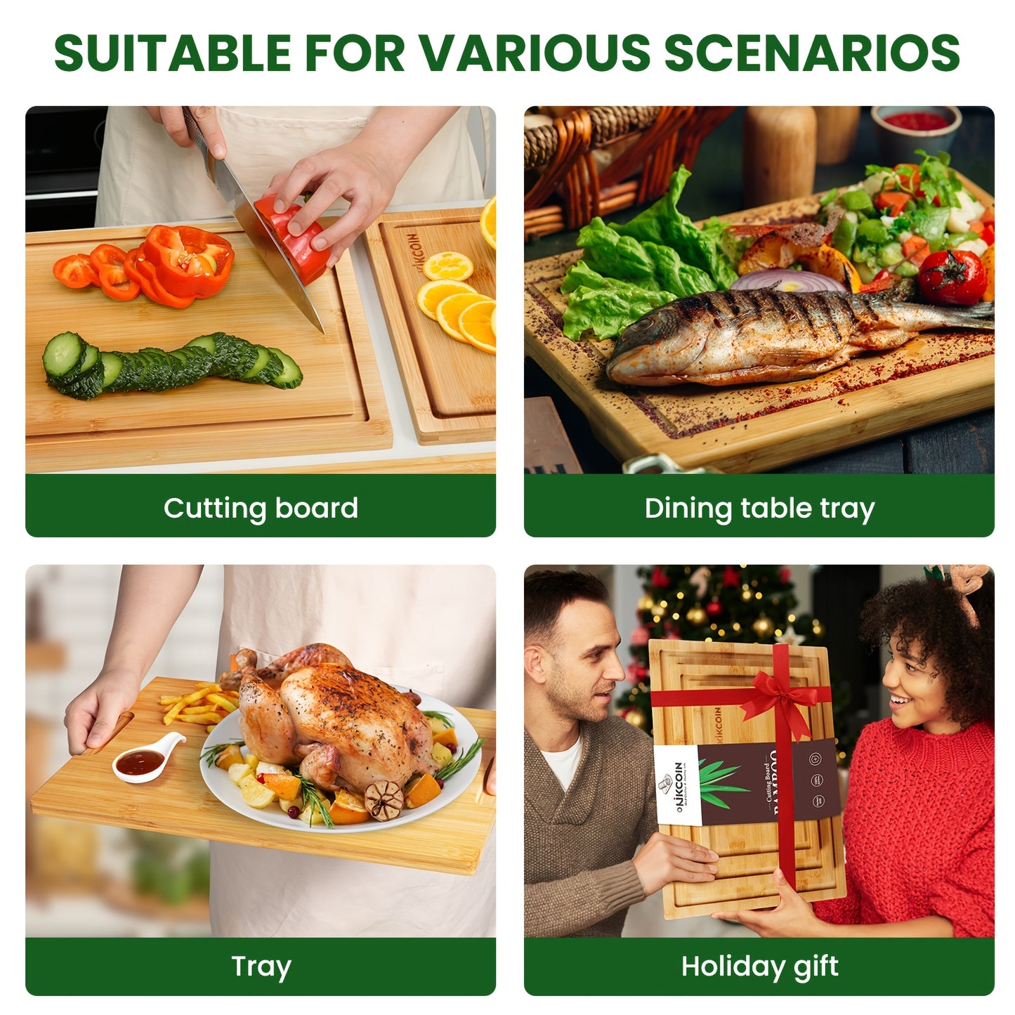 4pcs Oversized Bamboo Cutting Board With Rack & Juice Groove