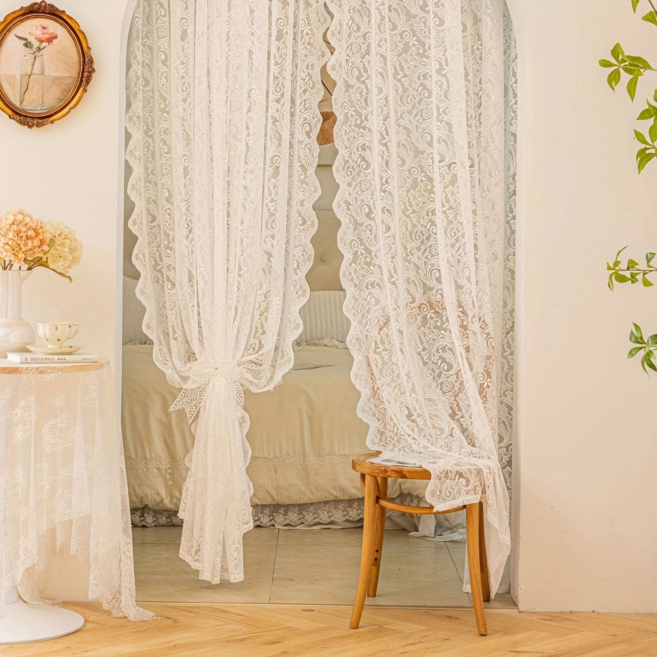 2D White Lace Curtain Semi Transparent Floral Pattern Rod Pocket Design for Living Room Bedroom Kitchen or Cafe Washable Polyester All Season Use