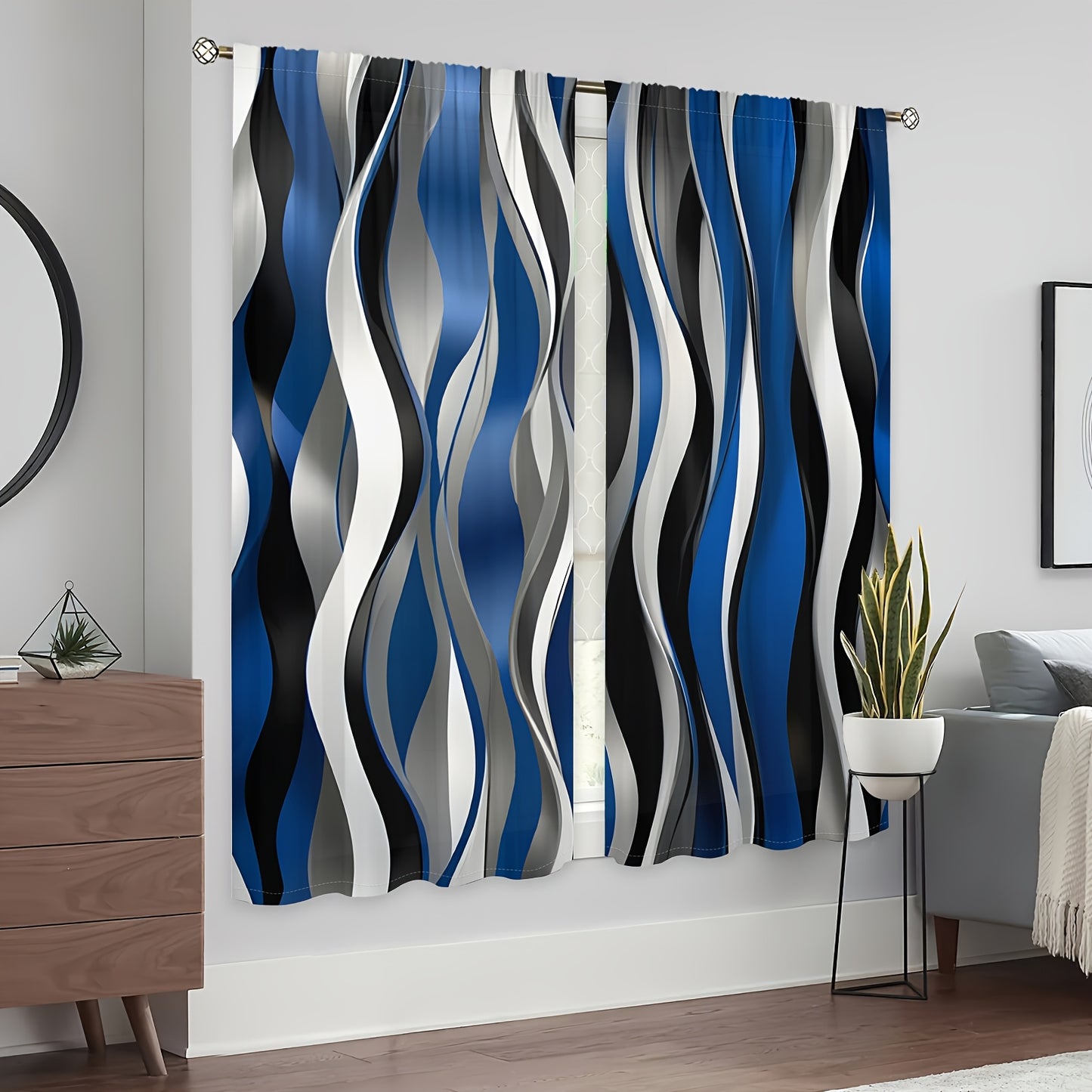 Fashionable Dynamic Smooth Wavy Lines Geometric Pattern Semi Blackout Window Curtains 2 Panels For Bedroom Living Room Kitchen Office Study Indoor Outdoor Home Decor Drapes