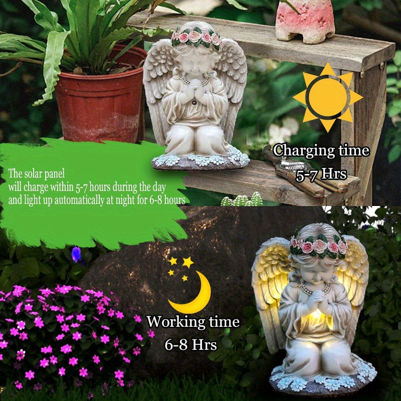 Solar Angel Garden Statue Outdoor Lawn Decor Figurine with LED Lights Resin Flower Sculpture Art Housewarming Gift for Yard Fairy Backyard Patio Porch Balcony