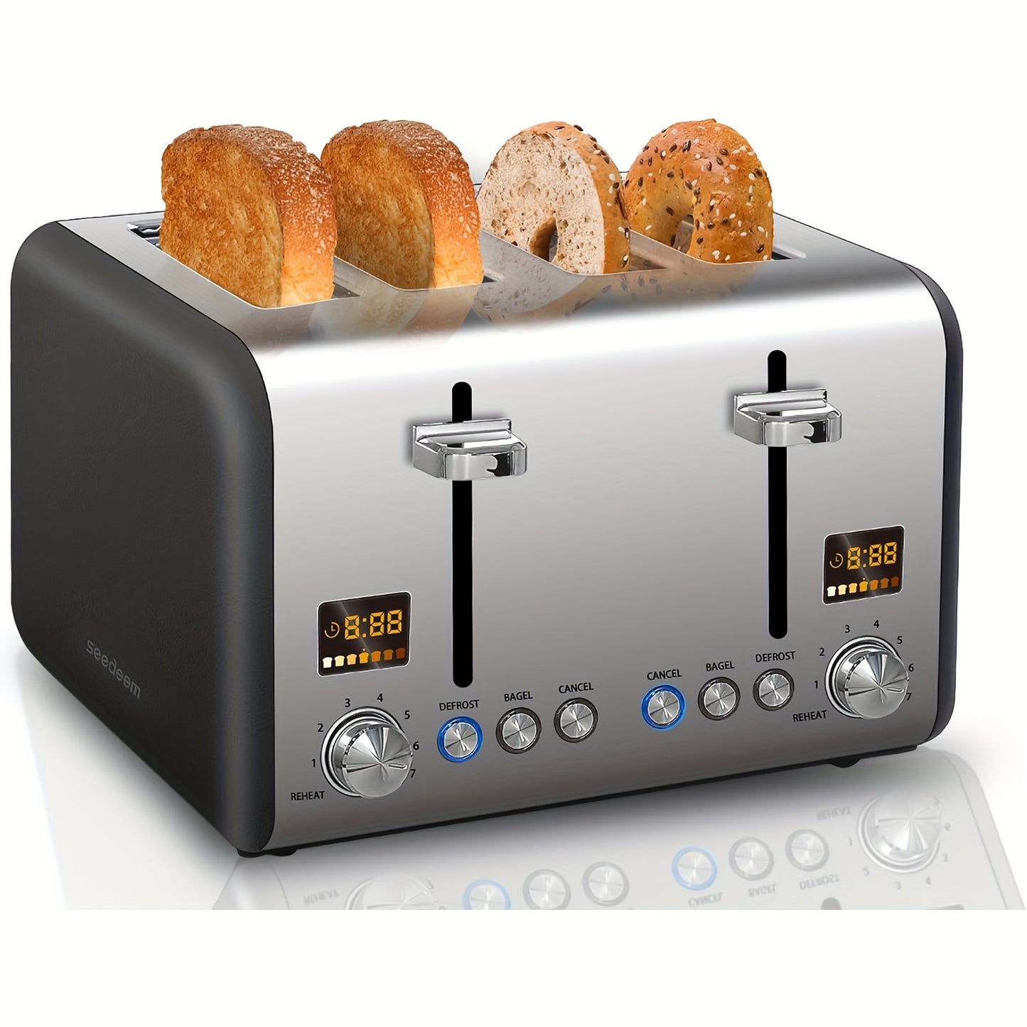 Stainless Toaster 2 or 4 Slice with LCD Display and 6 Shade Settings