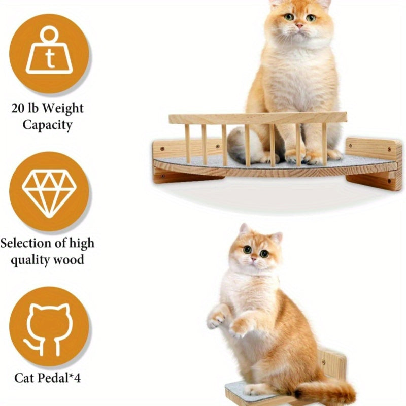 5pcs Wall Mounted Cat Rack with 4 Steps and Felt Padded Wooden Cat Bed Hammock in Black White and Wood