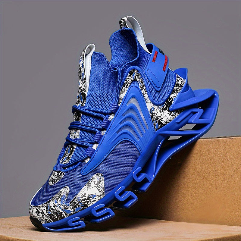 Men's Fashion Athletic Sneakers - Blue with White & Red Accents, Breathable Fabric Lining, Rubber Sole, Round Toe, Plus Size Available