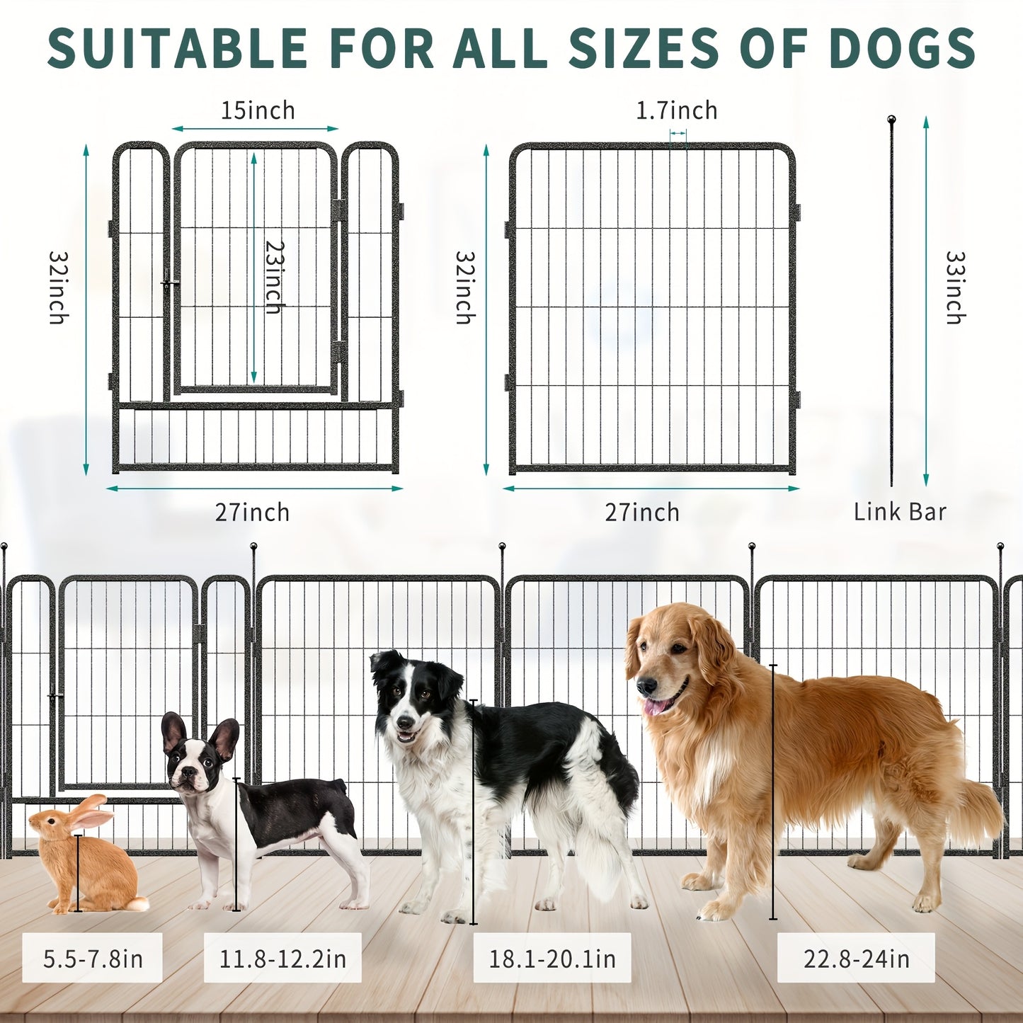 Heavy Duty 16 Panel Metal Dog Fence for Large Medium and Small Dogs Indoor and Outdoor Black with 2 Doors Portable Yard Garden and RV Exercise Pen