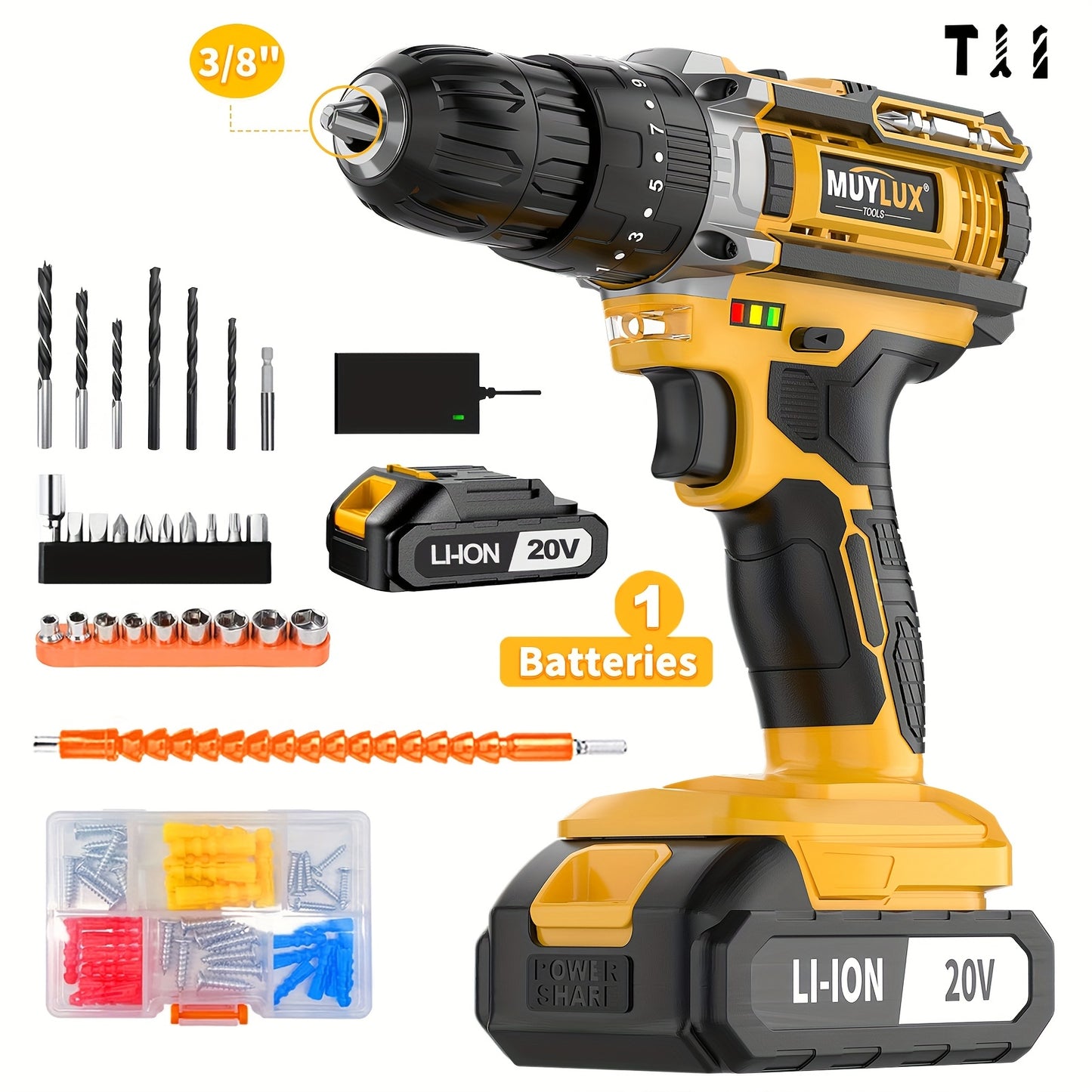 20V Cordless Drill Set With 3/8 Inch Keyless Chuck