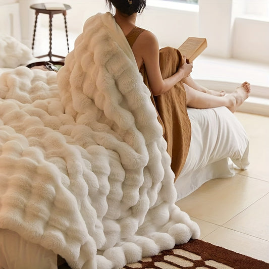 1pc Cozy Faux Rabbit Fur Blanket - Soft Warm Reversible Throw