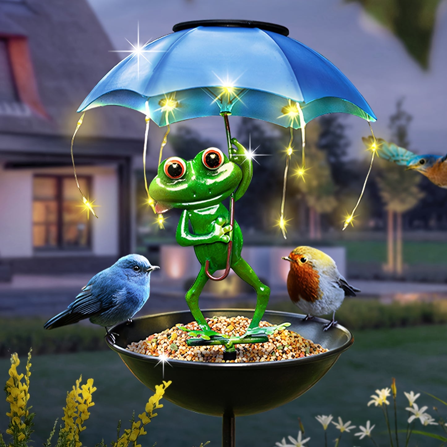 Solar Frog Statue Light Solar Powered Outdoor Garden Decoration with LED Light String Bird Feeder Hummingbird Feeder Suitable for Aisles Lawns Terraces