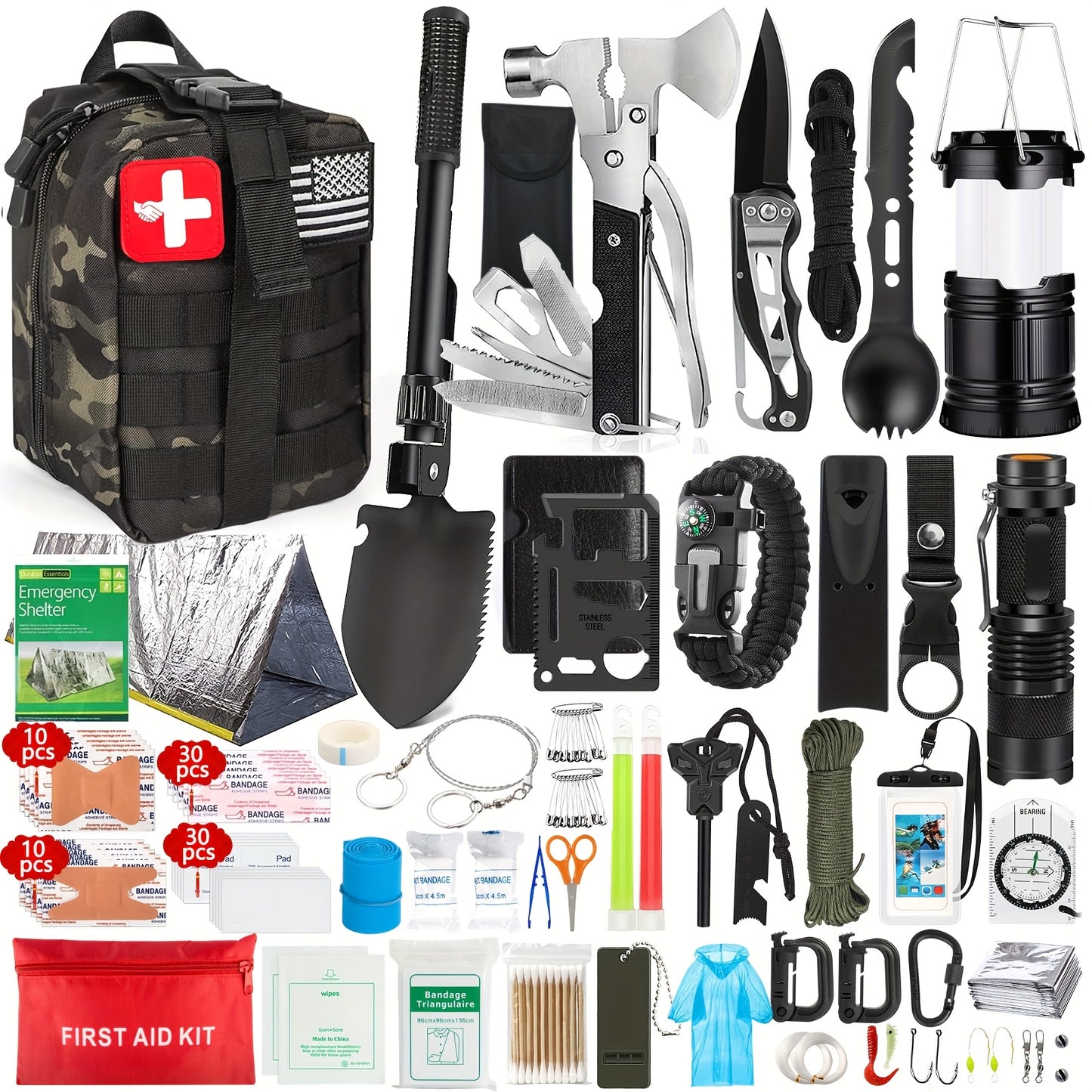 Ultimate Outdoor Survival Kit 262pcs with Tent Axe Shovel Flashlight