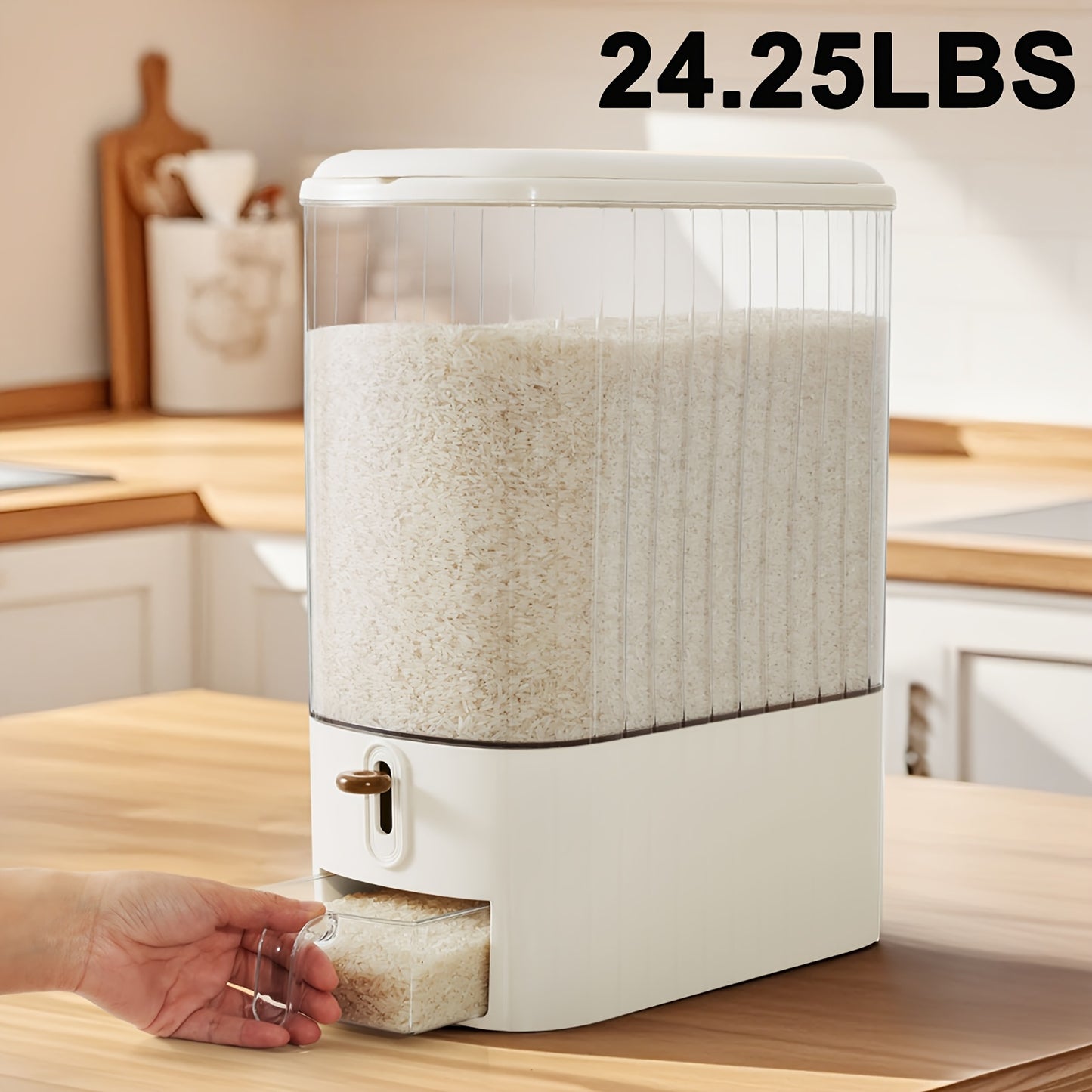 Large Capacity Moisture Resistant Rice Dispenser with Time Recorder and Measuring Cup