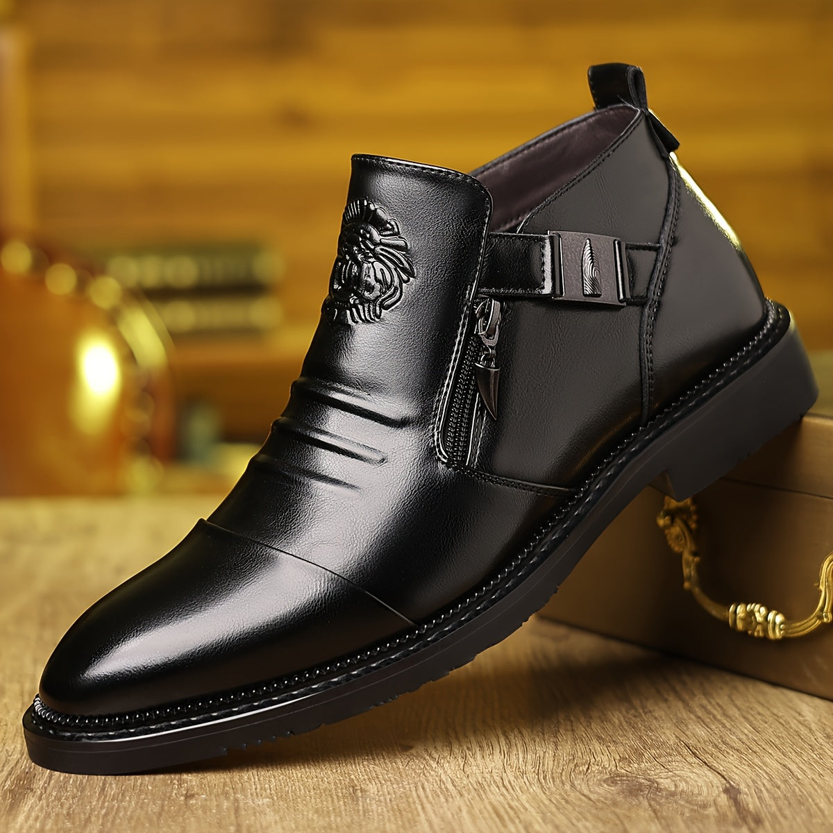 Men's Elegant Black Ankle Boots with Embossed Lion Design