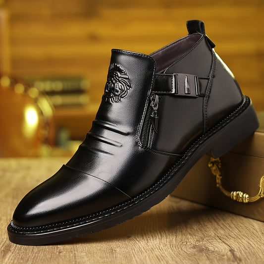 Men's Elegant Black Ankle Boots with Embossed Lion Design