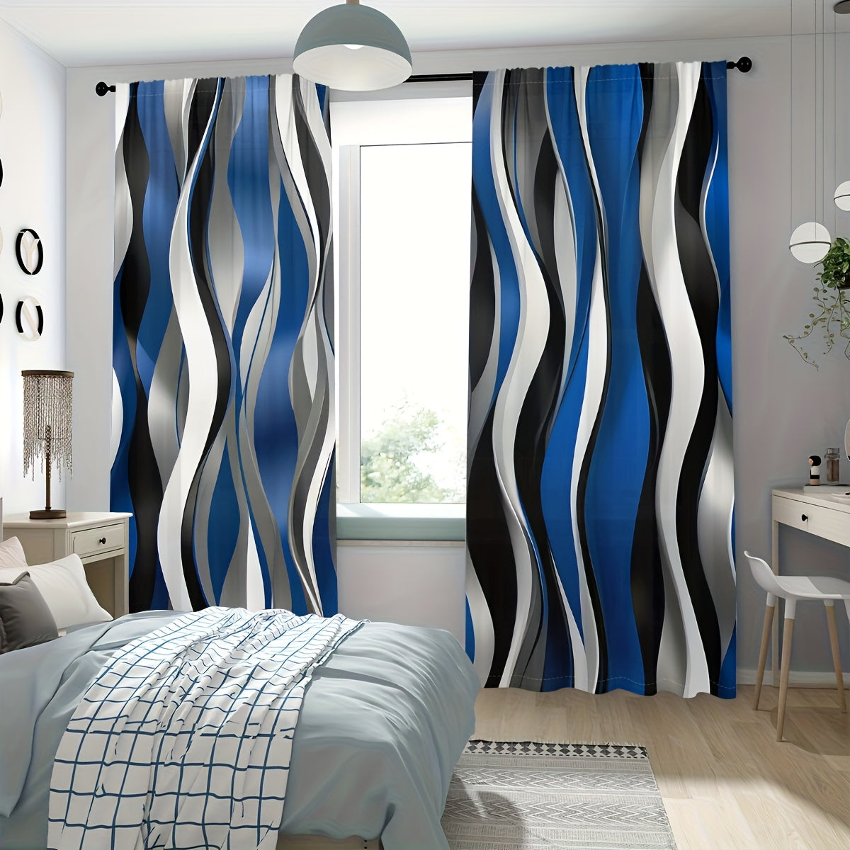 Fashionable Dynamic Smooth Wavy Lines Geometric Pattern Semi Blackout Window Curtains 2 Panels For Bedroom Living Room Kitchen Office Study Indoor Outdoor Home Decor Drapes
