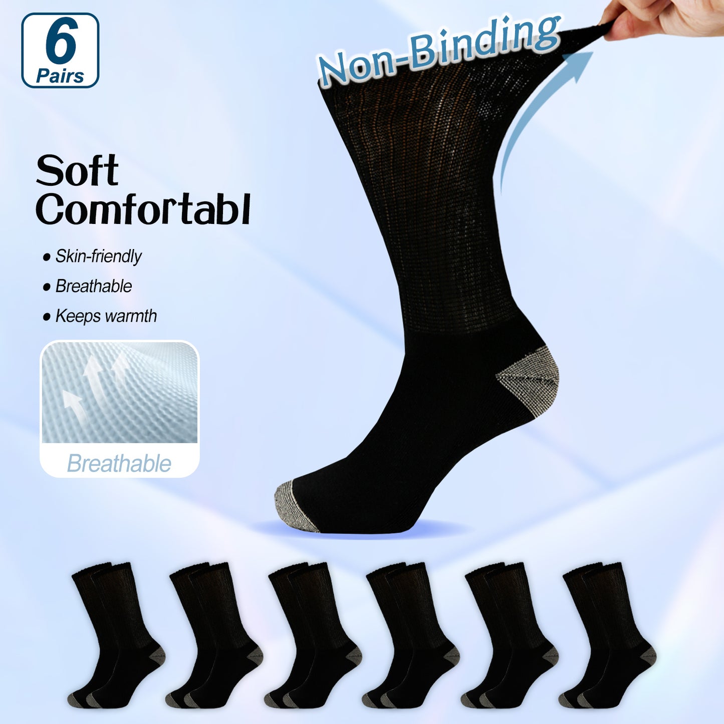 6 Pairs Copper Ion Diabetic Socks for Men, Non-Bonding Crew