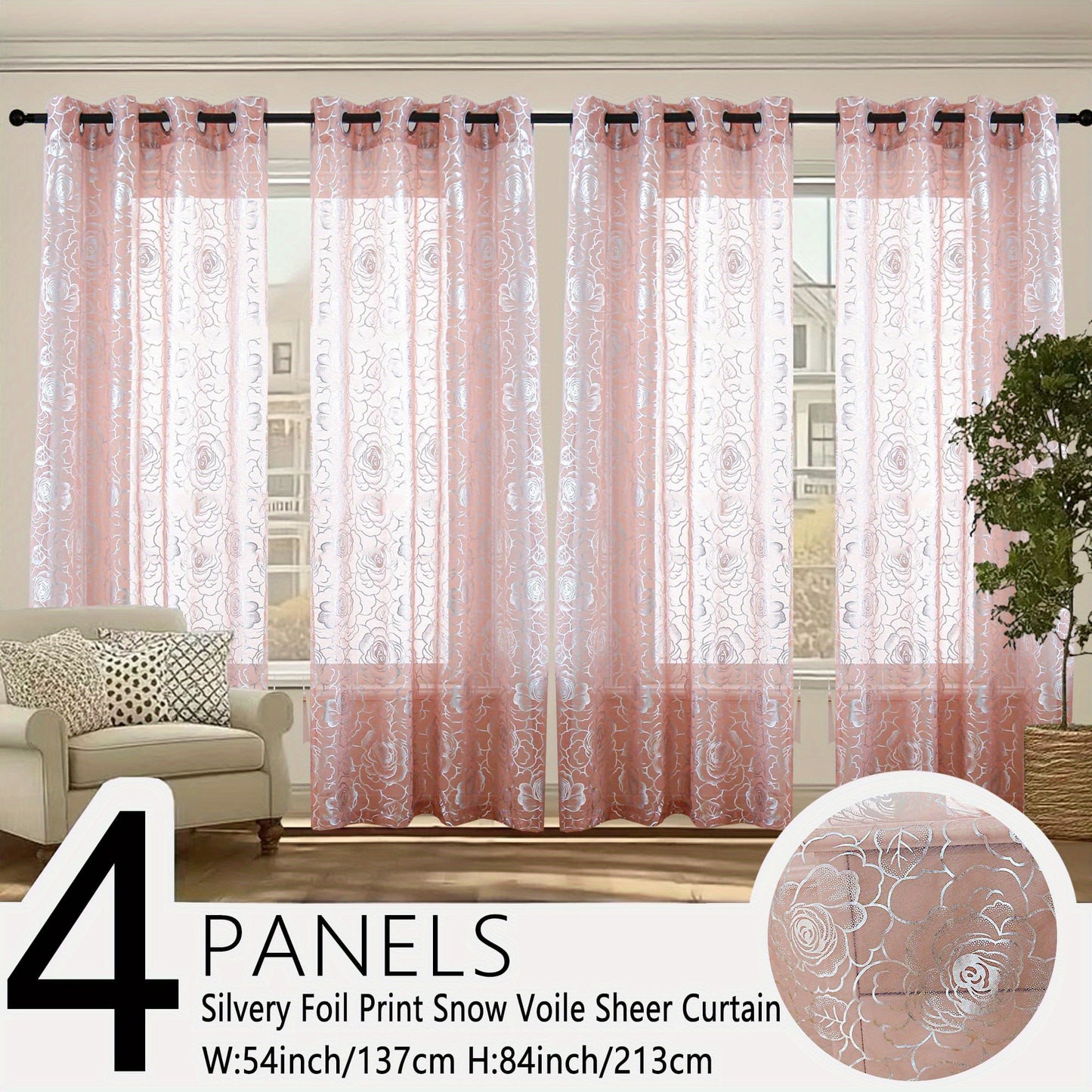 4 Panels Transparent Snow Voile Curtains Silvery Foil Printed Roses Design Living Room Bedroom Set of 4 Room Decor Home Decor